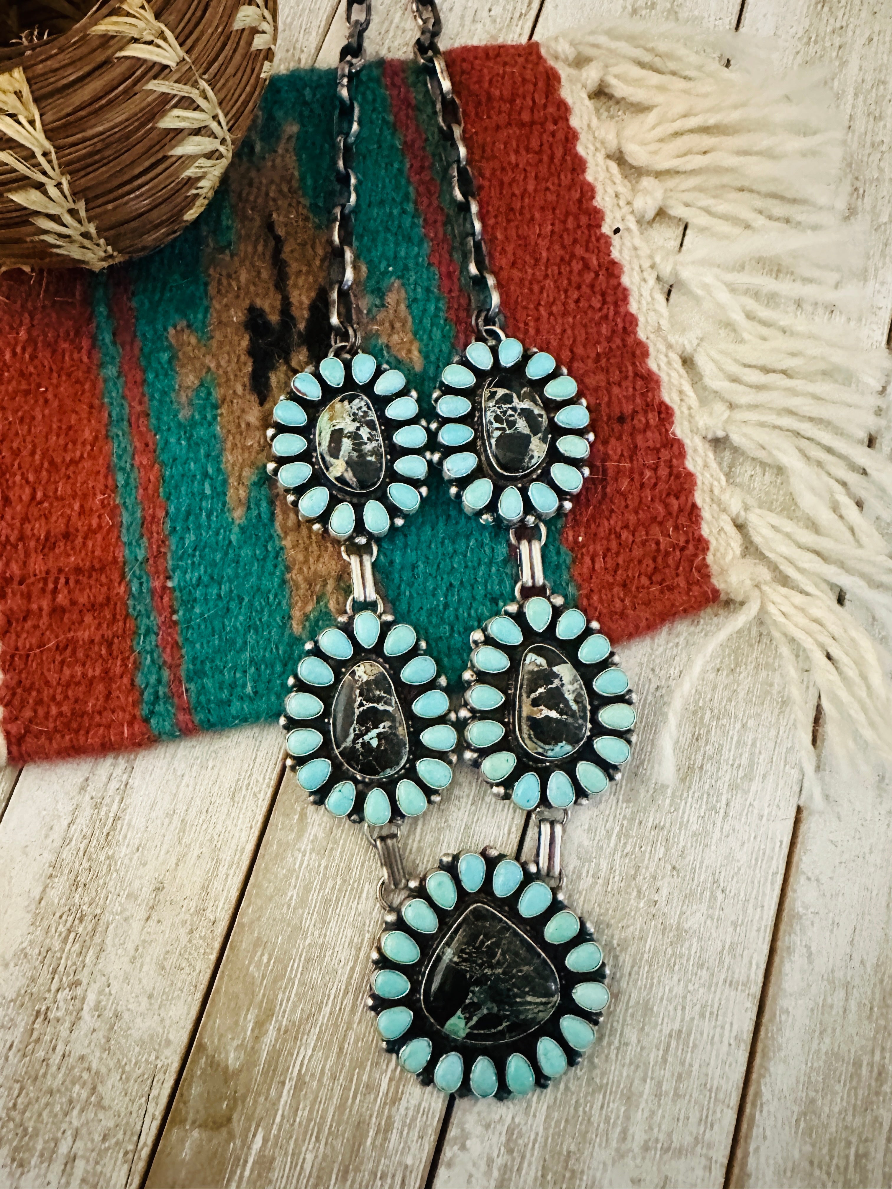 Navajo Sterling Silver & Turquoise Cluster Necklace by Bob Becenti