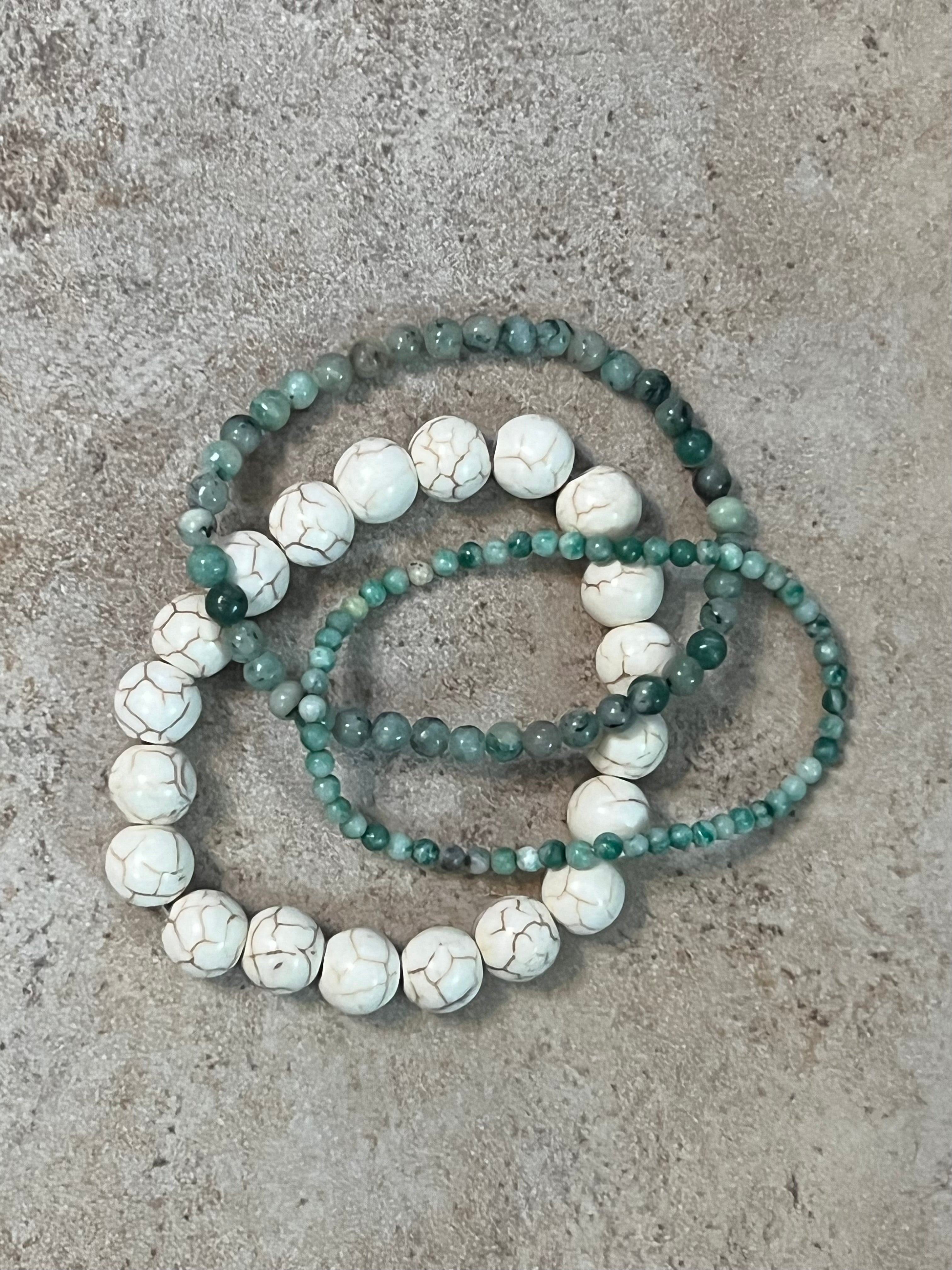 Cream Howlite Stretch Bracelet Set of 3- Green