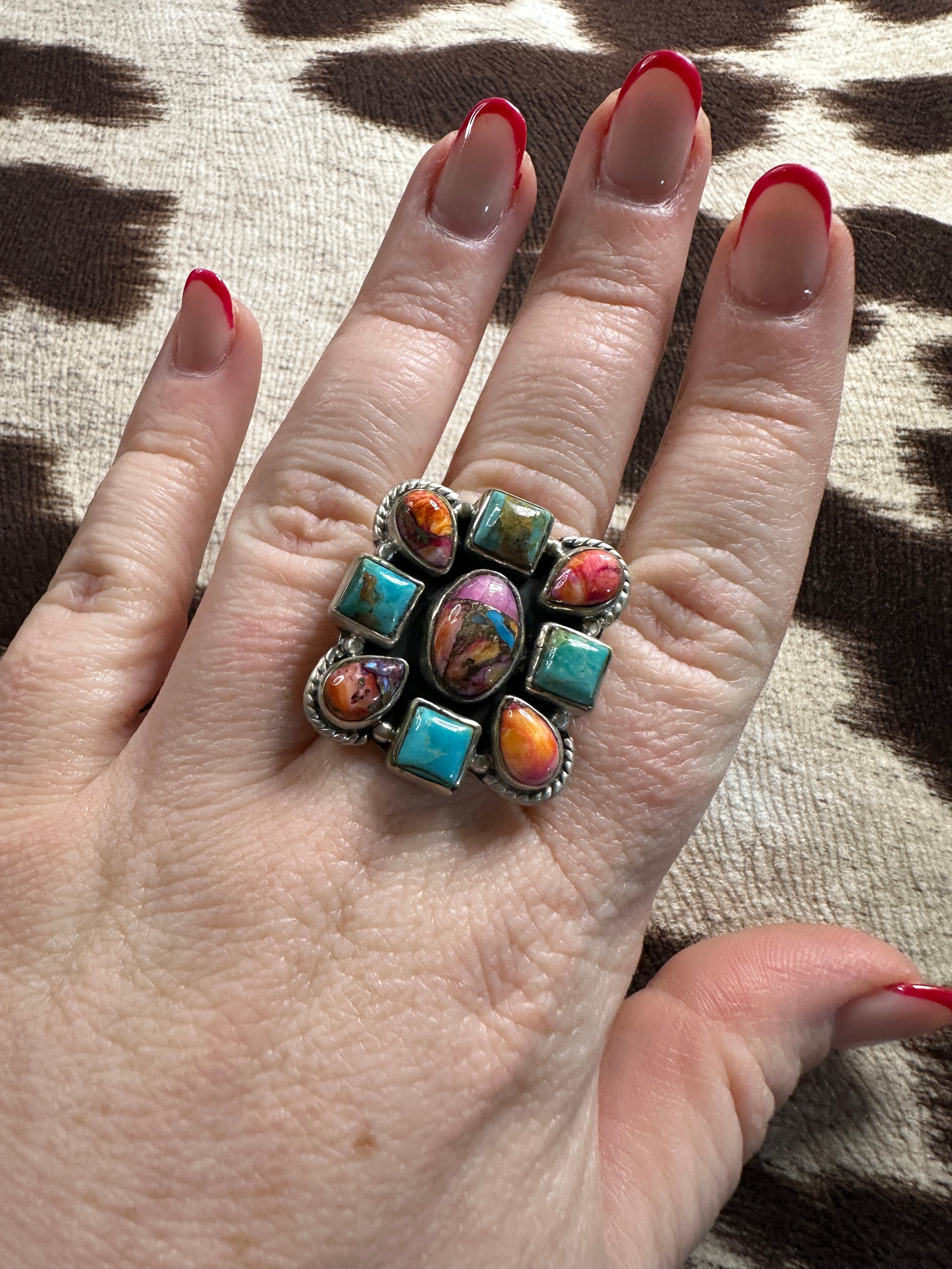 Handmade Pink Dream Mojave, Turquoise & Sterling Silver Adjustable Ring -multi stones