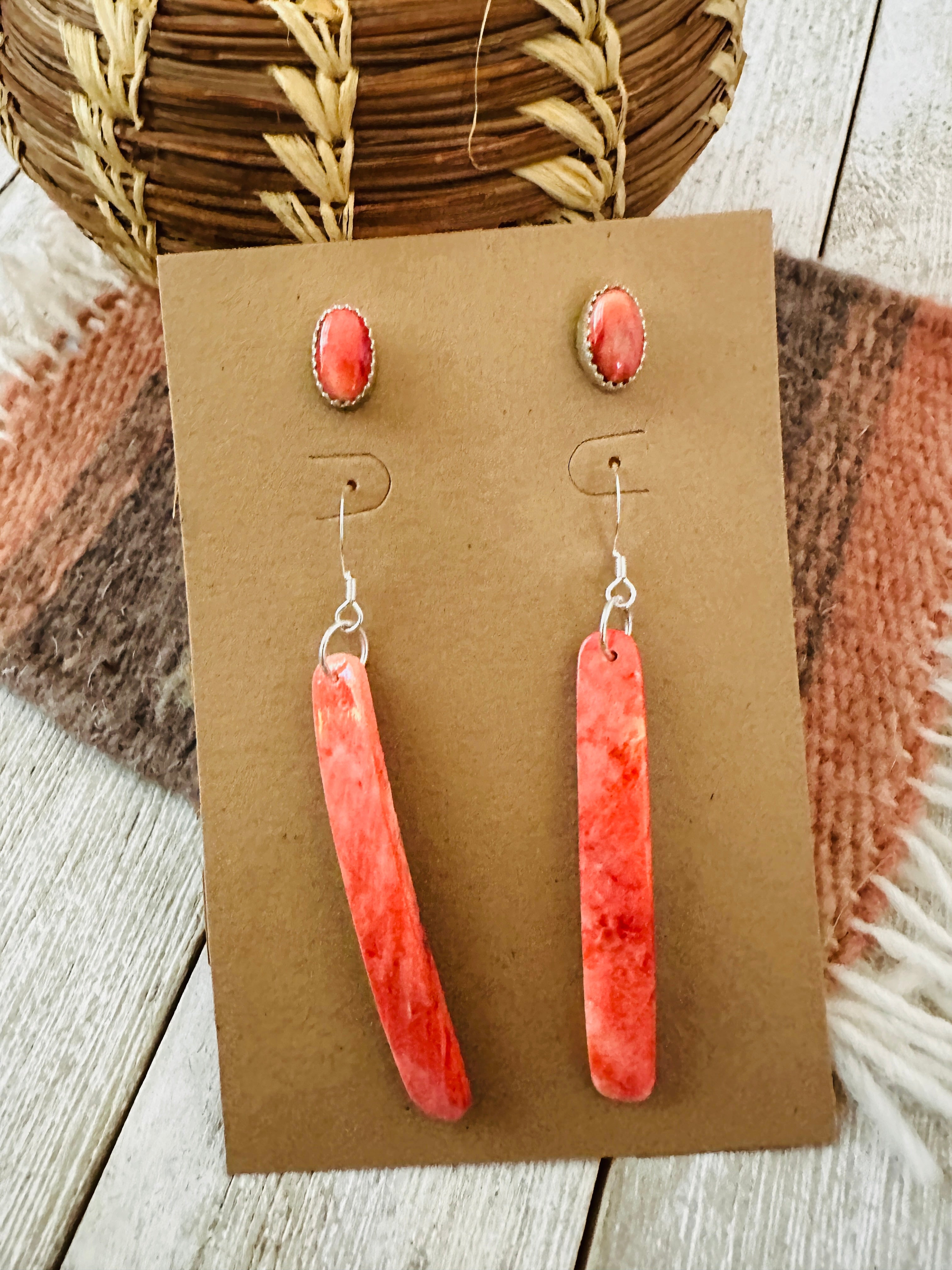 Handcrafted Orange Spiny Slab Dangle & Stud Earring Set