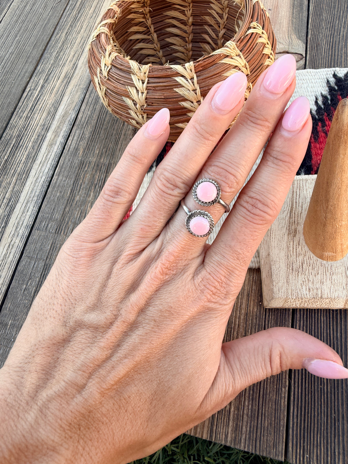 Handcrafted Queen Pink Conch & Sterling Silver Adjustable Ring