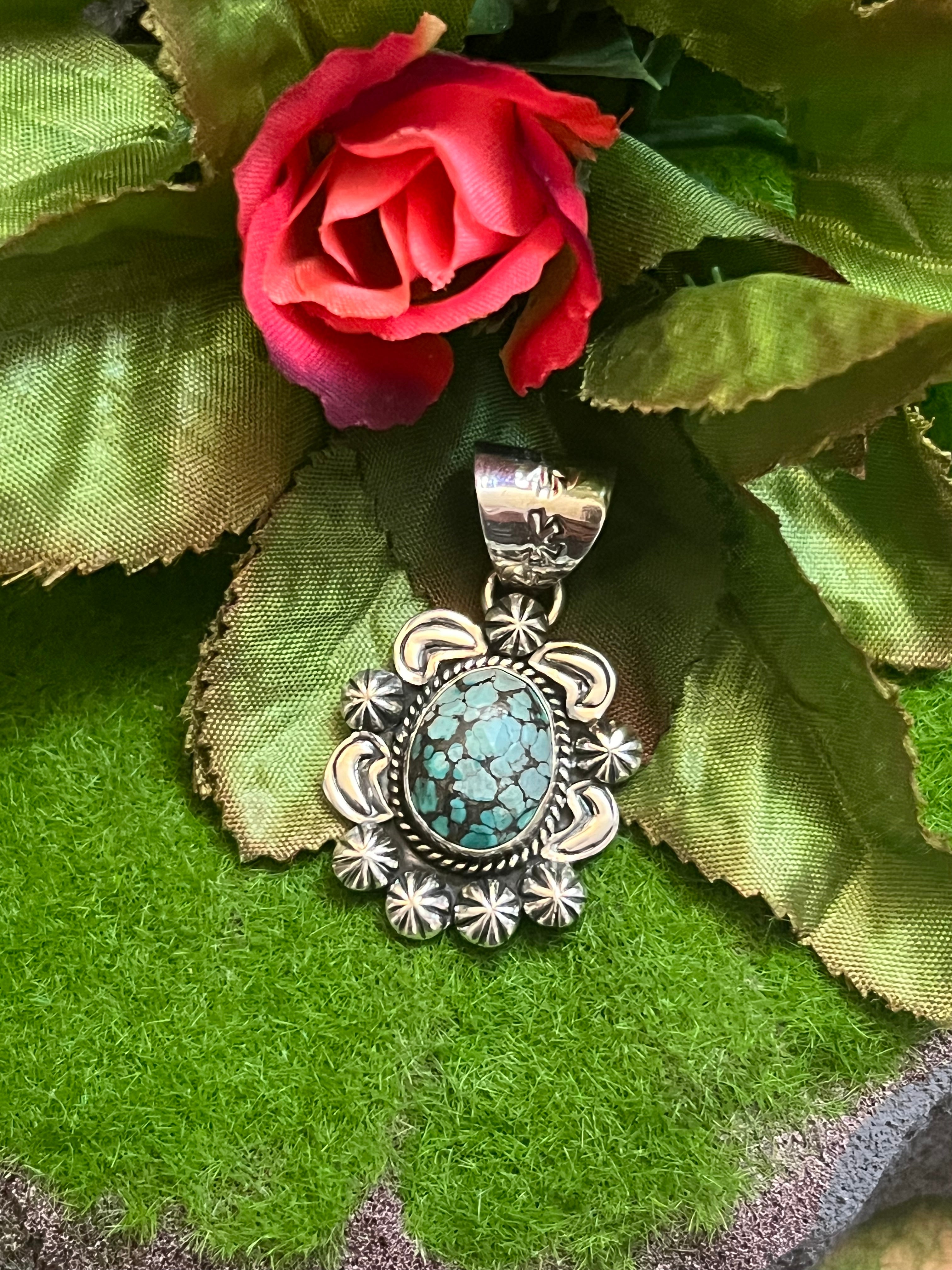 Handmade Oval Shaped Variscite Etched Sterling Silver Pendant