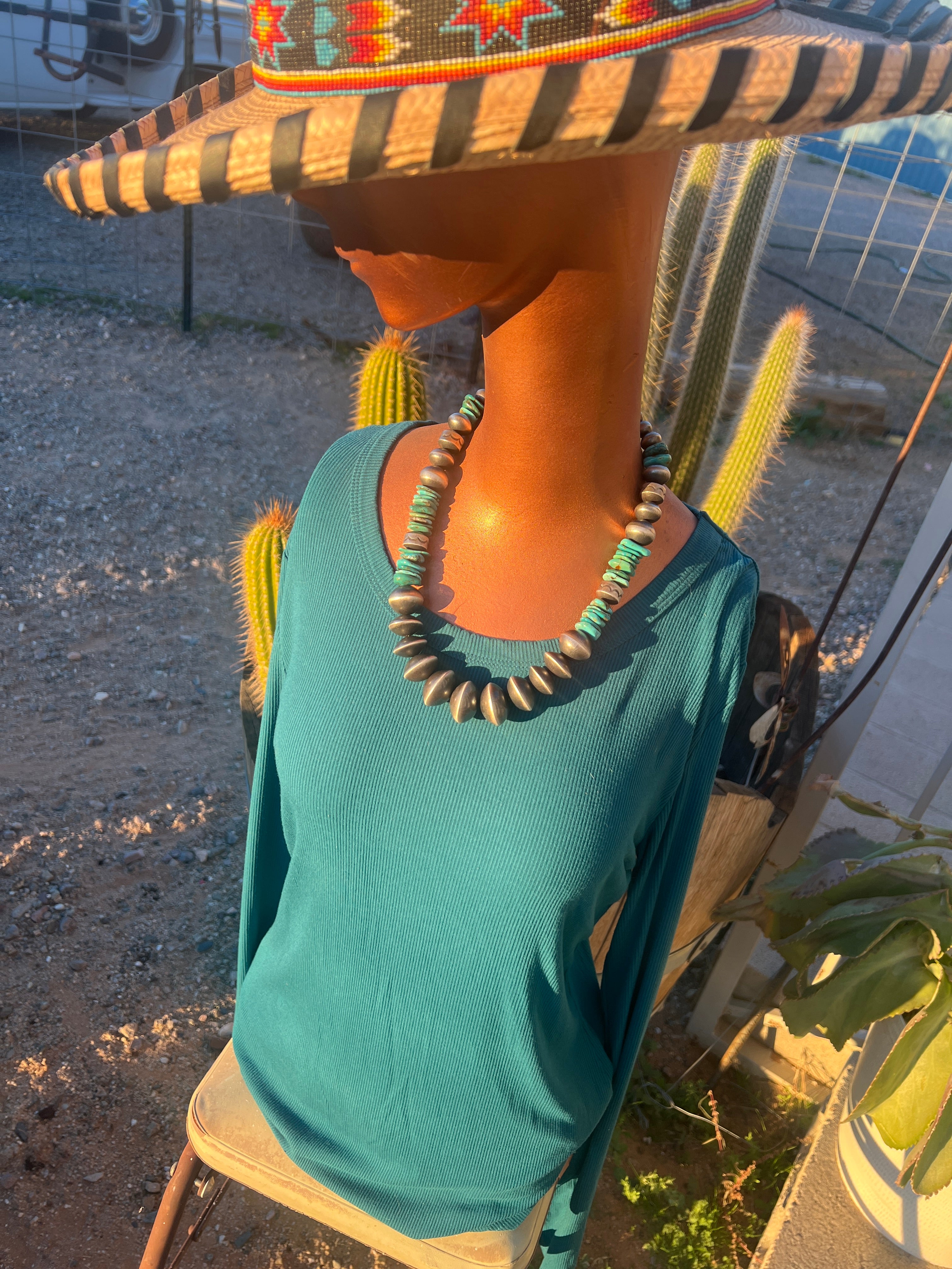 Handcrafted Chunky Sterling Silver and Kingman Turquoise Beaded Necklace by Rose Martin, 21 inches