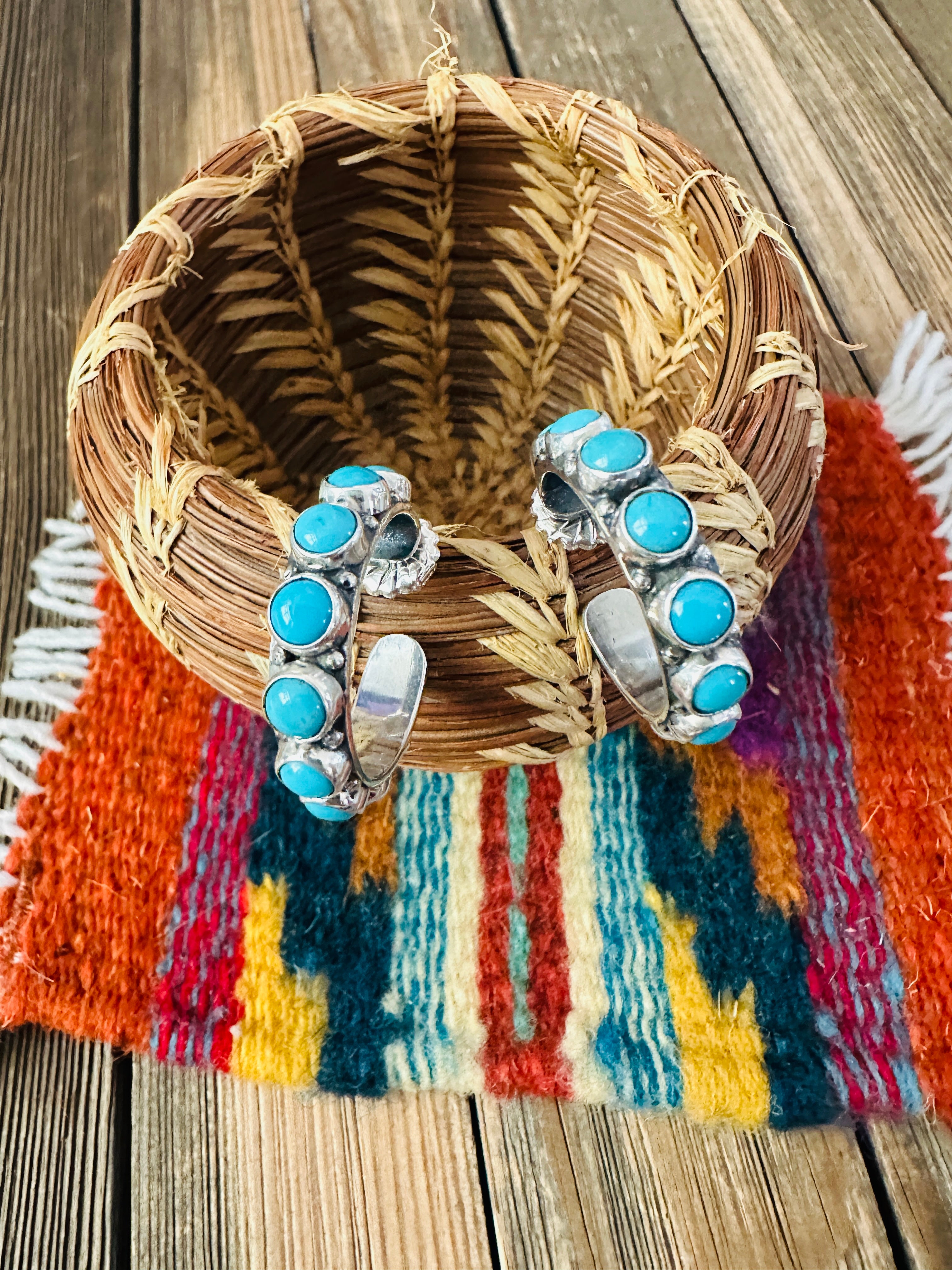 Handcrafted Turquoise & Sterling Silver Hoop Earrings by Federico Jimenez