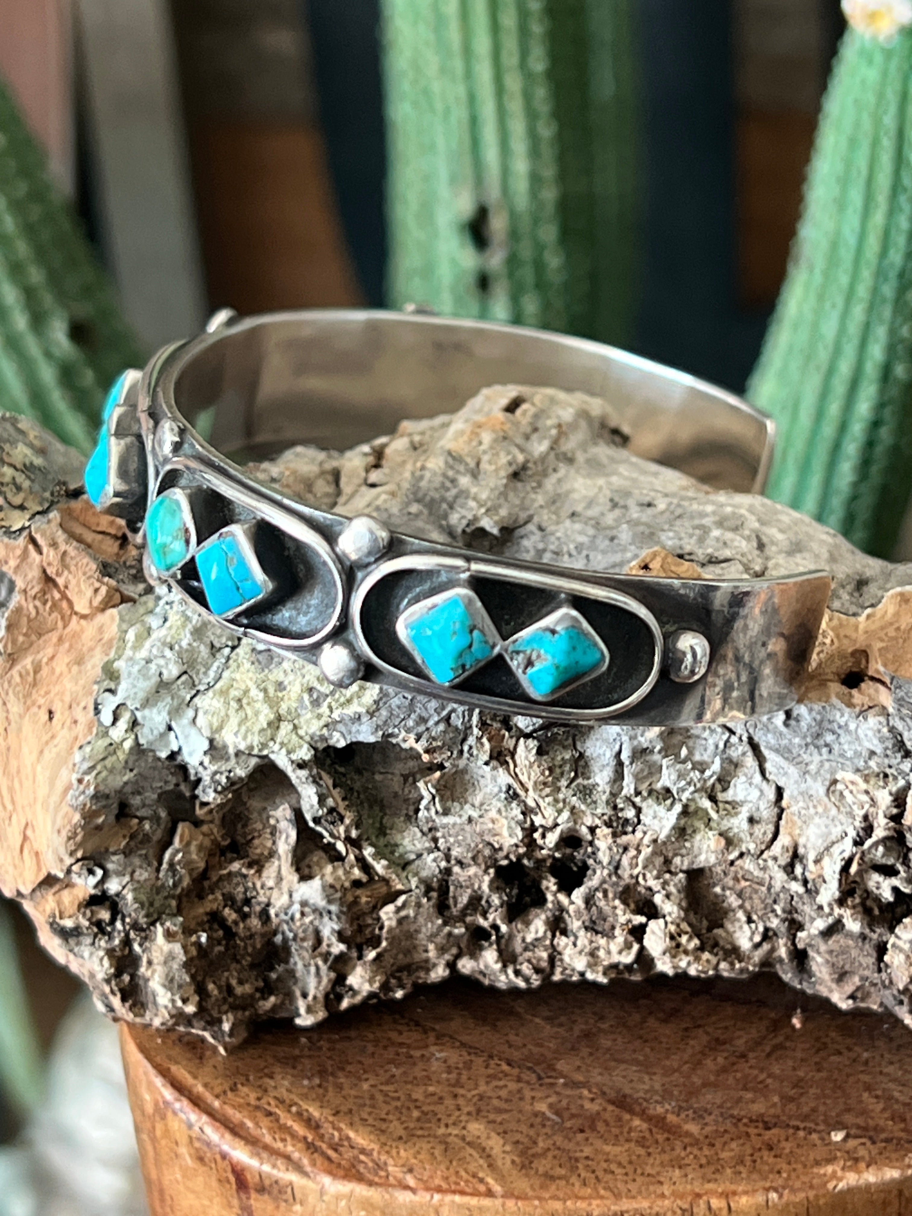 Handcrafted Vintage Sterling Silver and Four Diamond Turquoise Panel Stacker Cuff Bracelet