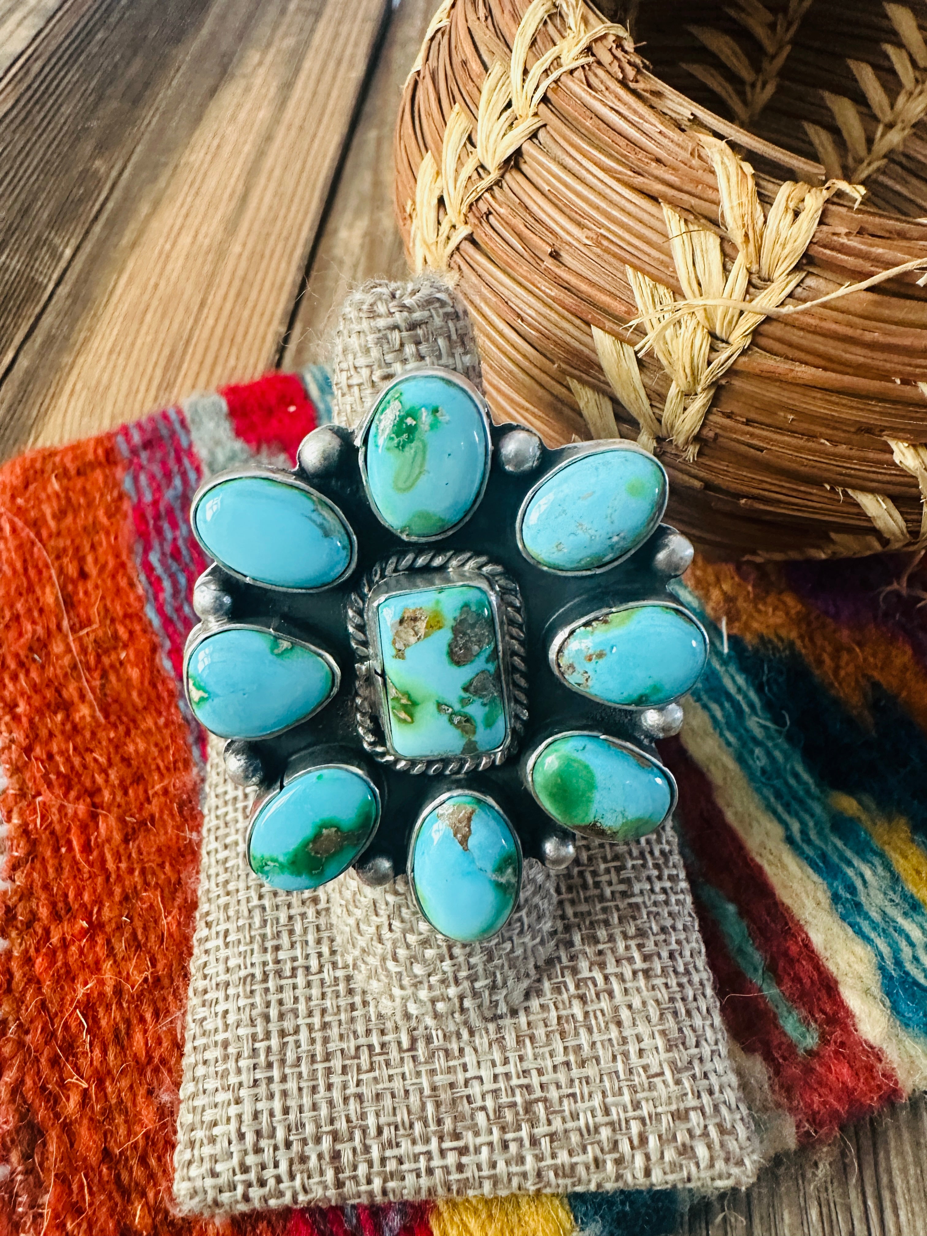 Handcrafted Sonoran Mountain Turquoise & Sterling Silver Adjustable Cluster Ring