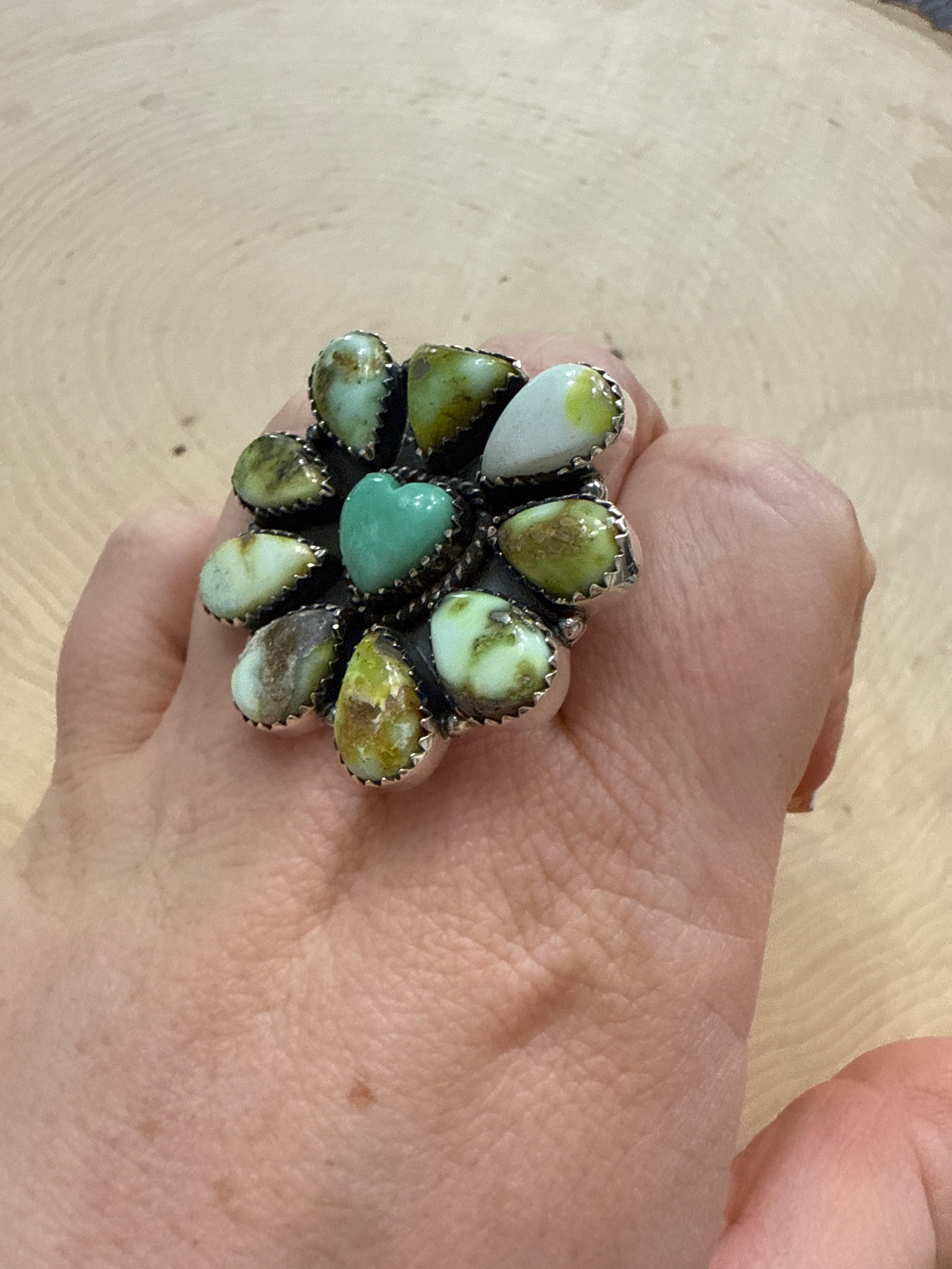 Beautiful Handmade Palomino Turquoise, Paloma Turquoise And Sterling Silver Adjustable Heart Ring