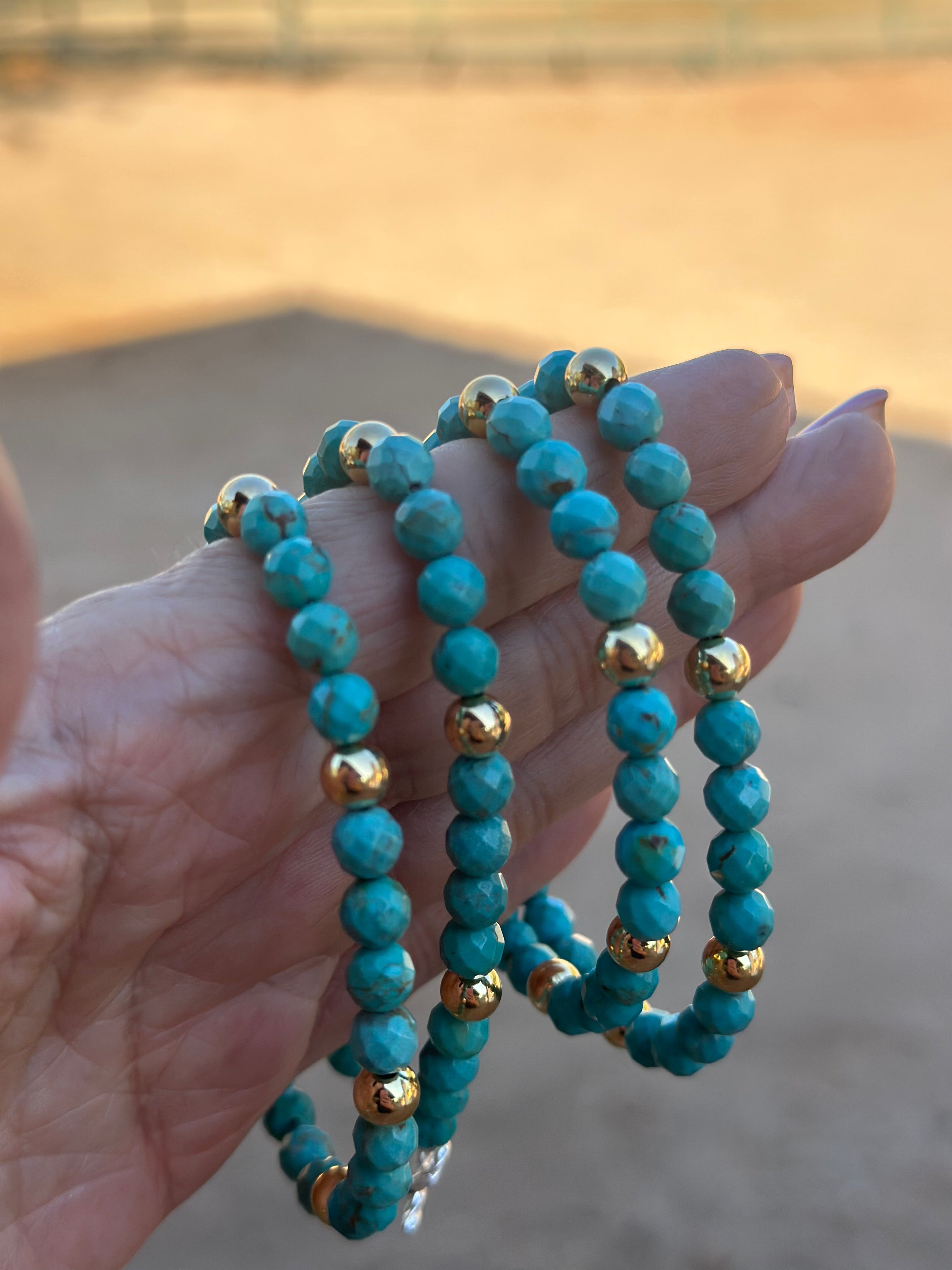 Handcrafted Sterling Silver with 14kt Gold Overlay Kingman Turquoise Beaded Bracelet