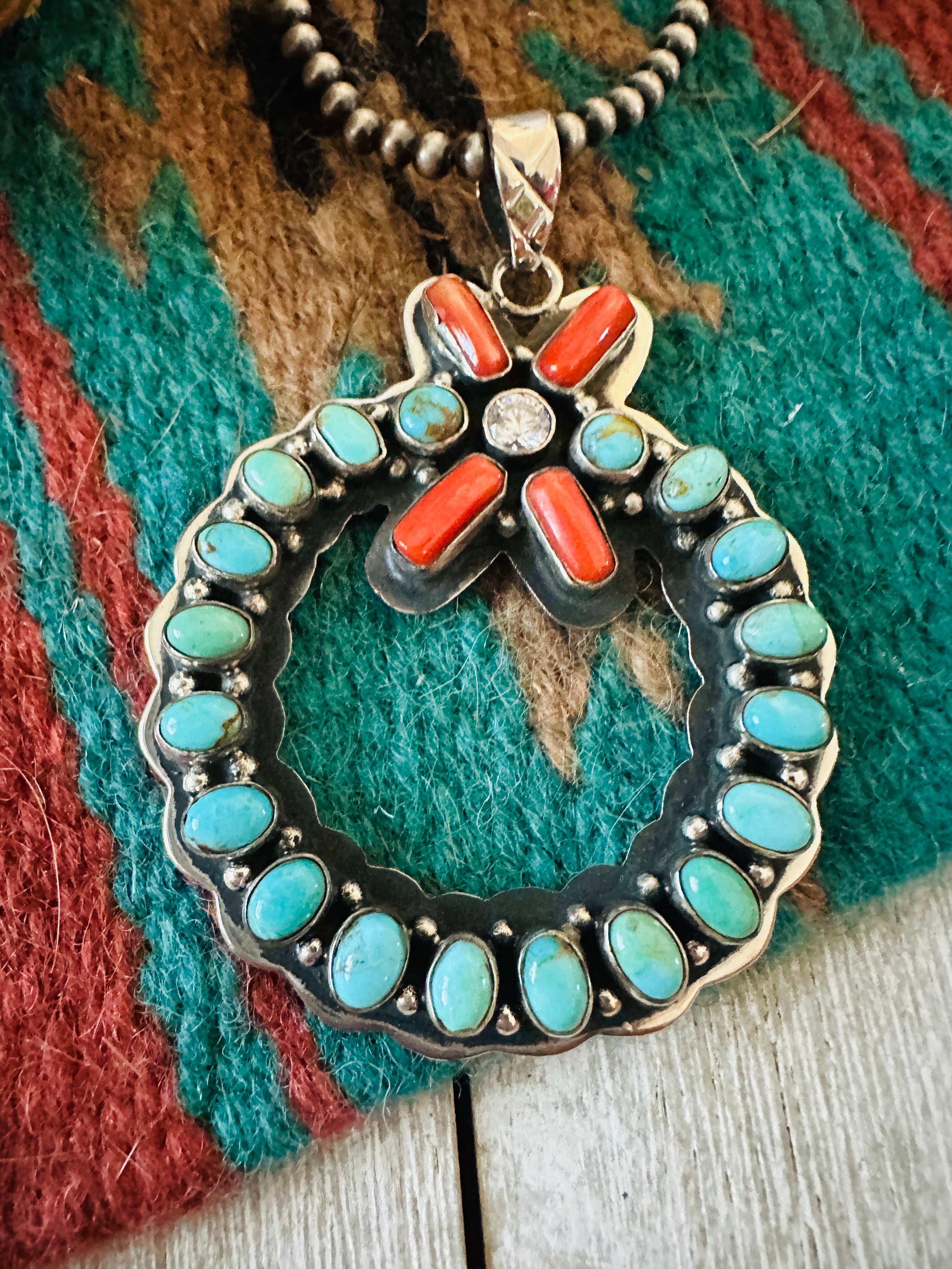 ** Christmas Collection ** Handmade Sterling Silver, Turquoise, Coral & CZ Wreath Pendant Signed Nizhoni