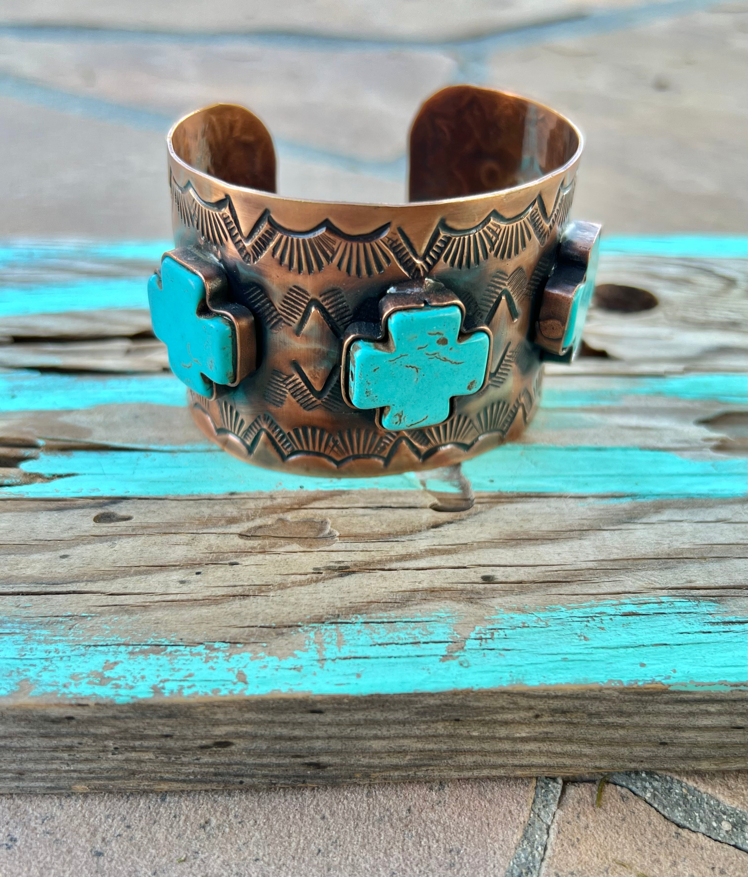 Engraved Copper Cuff Bracelet with Blue Cross Accents