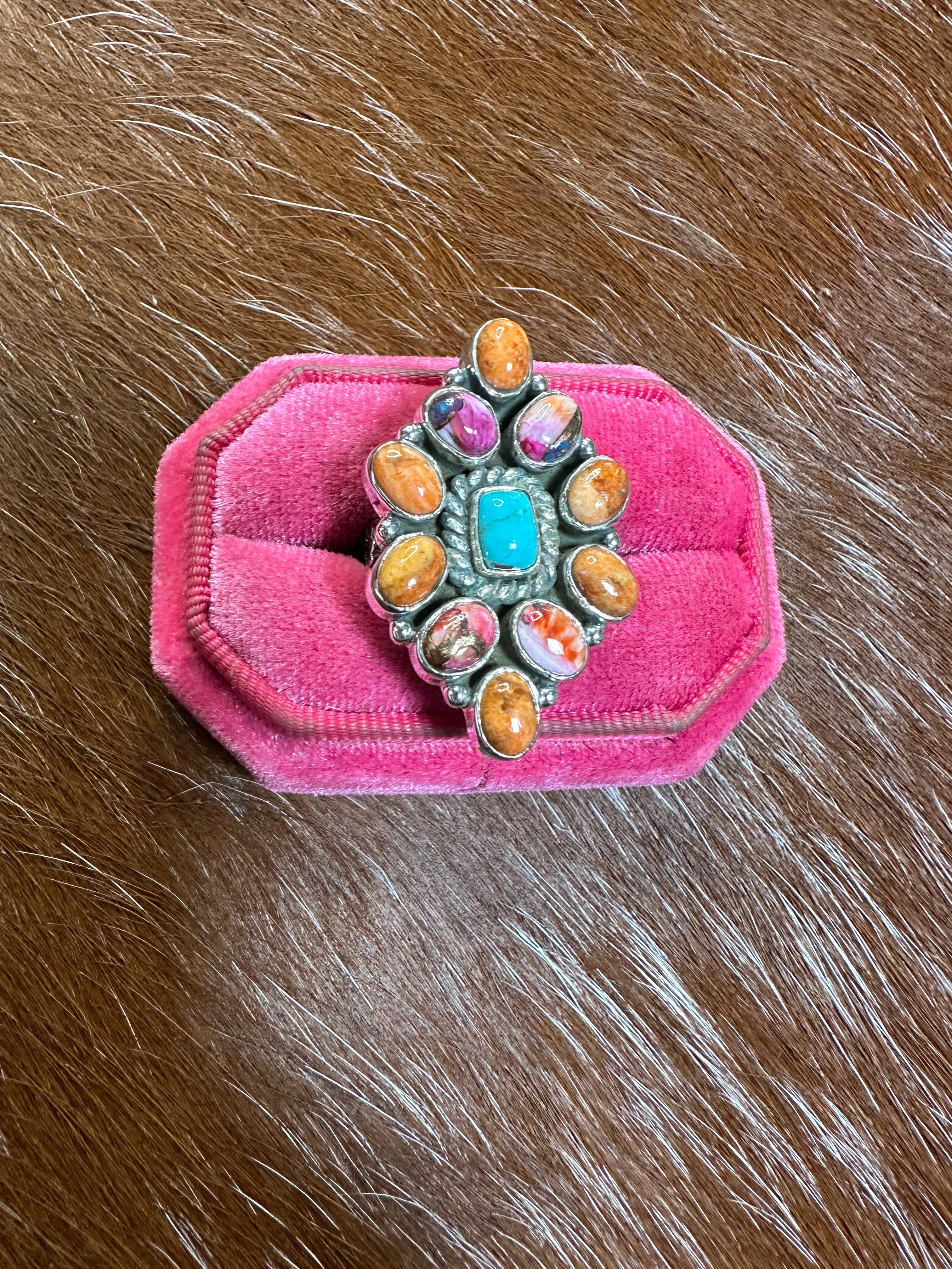 Handmade Pink Dream, Orange Mojave, Turquoise & Sterling Silver Adjustable Ring Signed Nizhoni