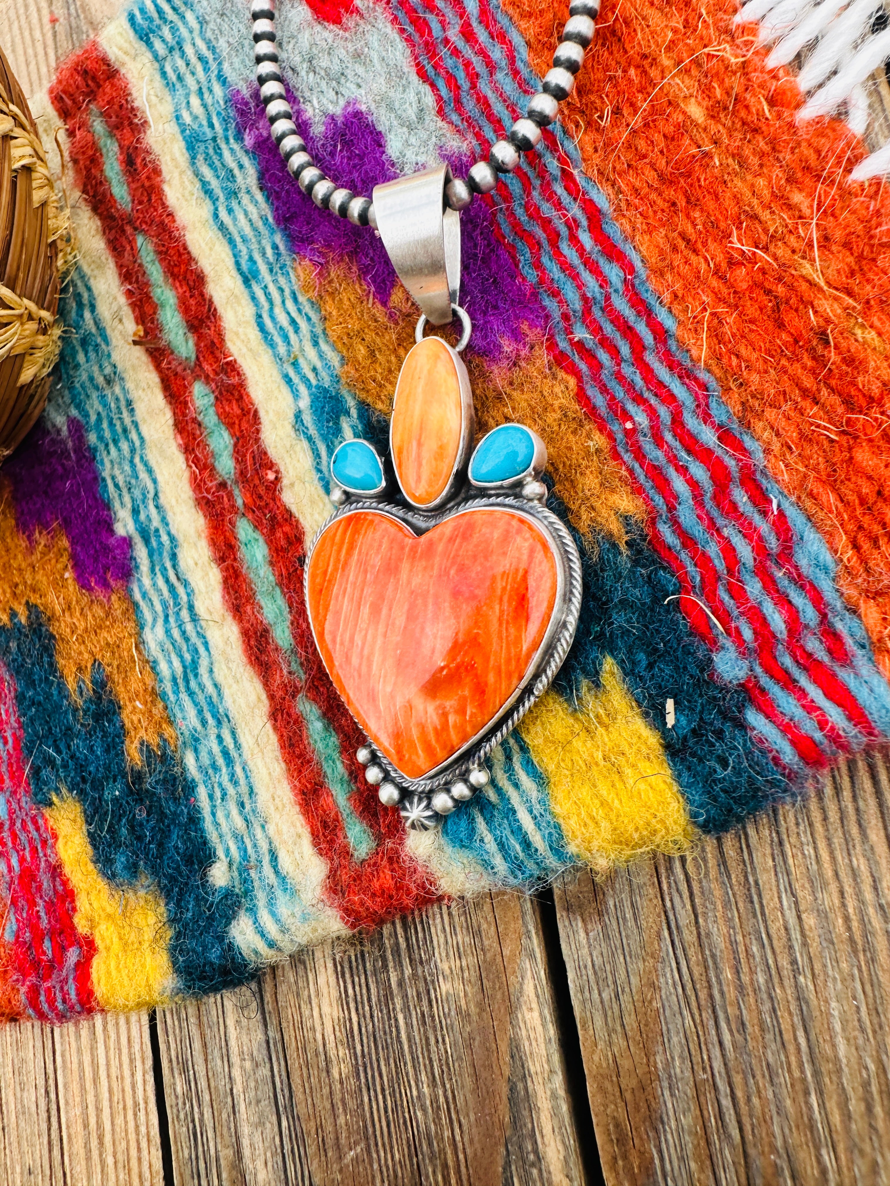 Handcrafted Spiny Oyster, Turquoise & Sterling Silver Heart Pendant