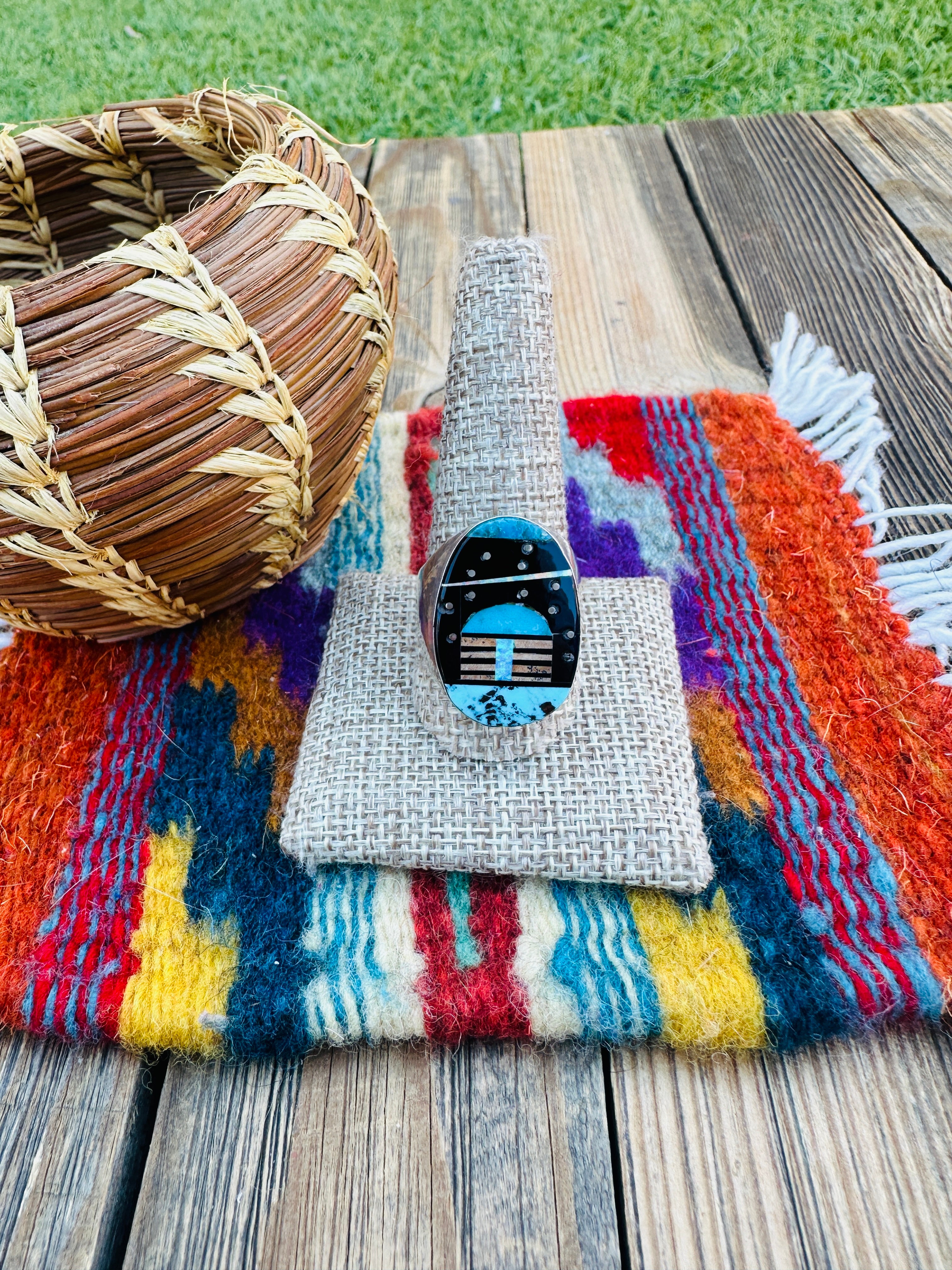 Handcrafted Multi Stone & Sterling Silver Inlay Ring Size 11 by Gilbert Smith