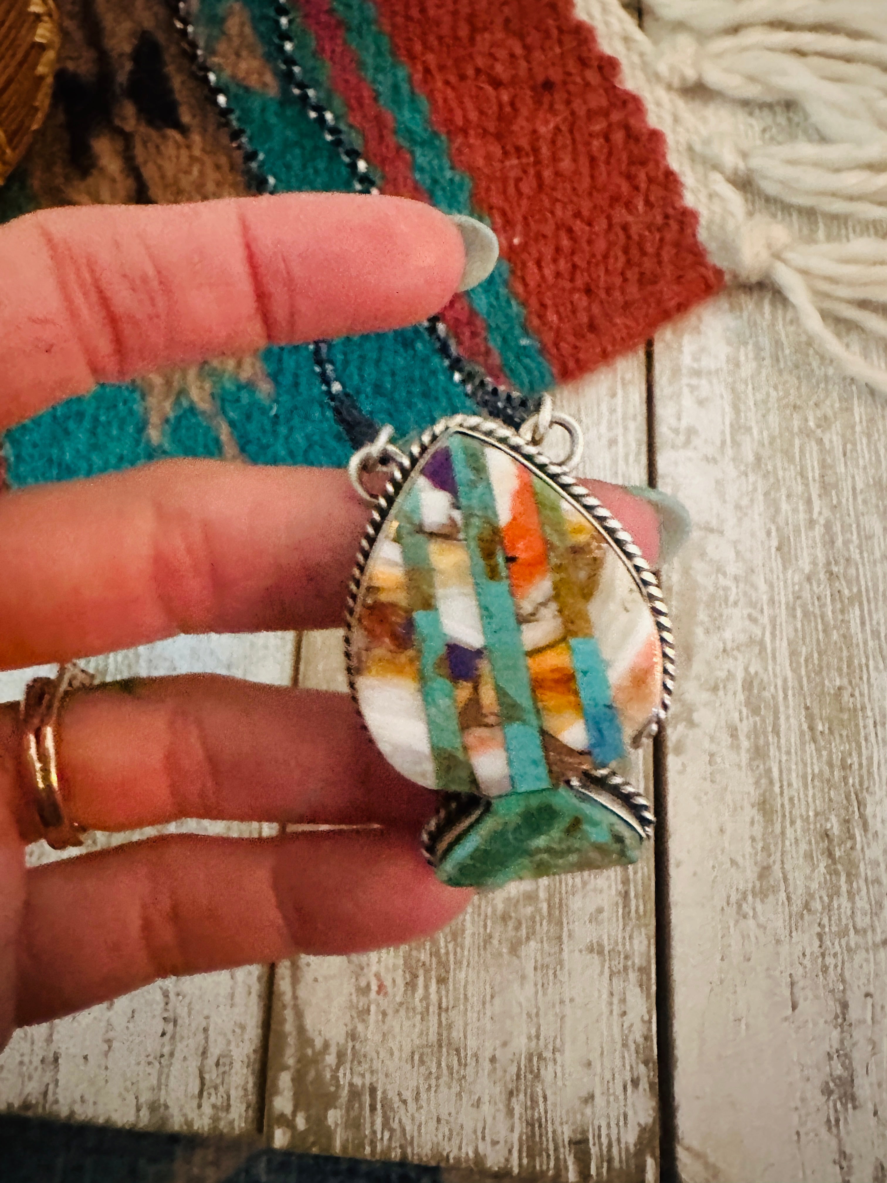 Navajo Sterling Silver & Multi Stone Inlay Spade Necklace