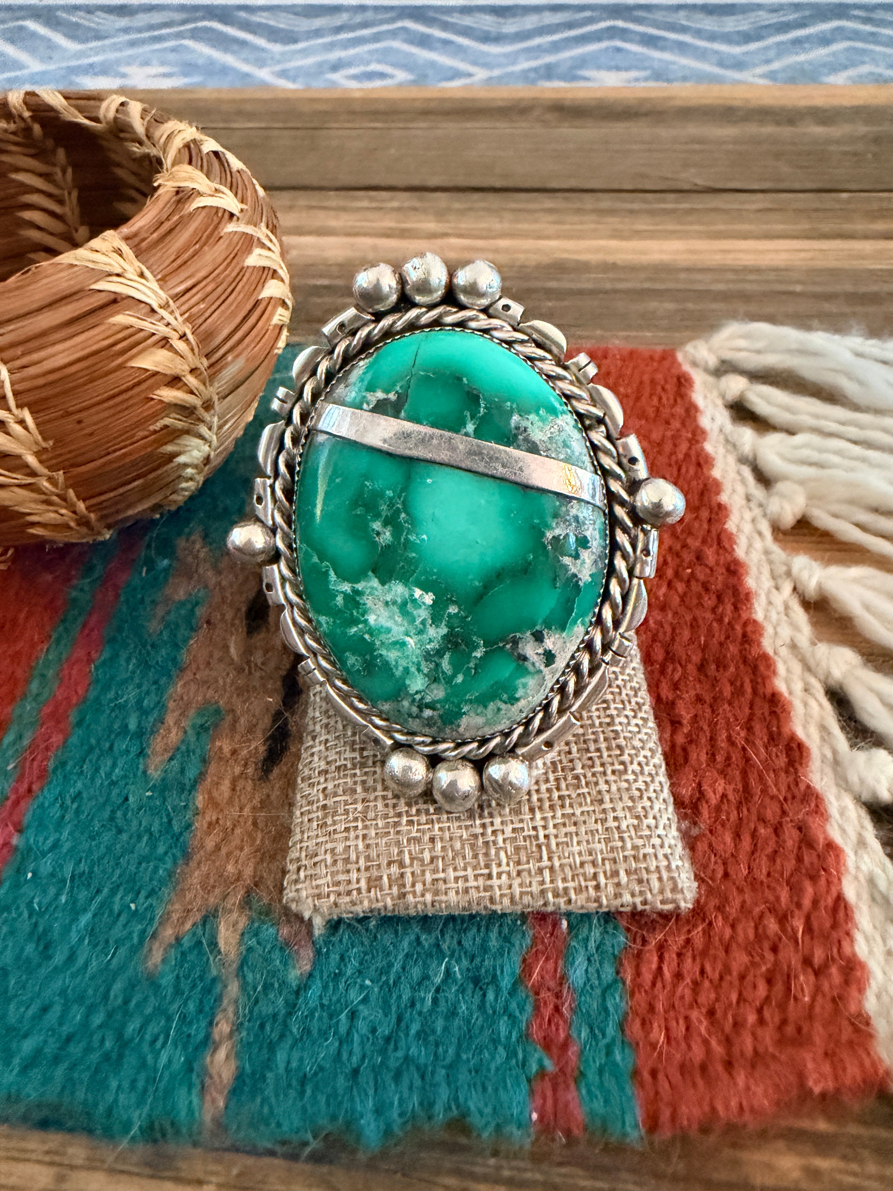 Old Pawn Handcrafted Variscite & Sterling Silver Ring Size 9