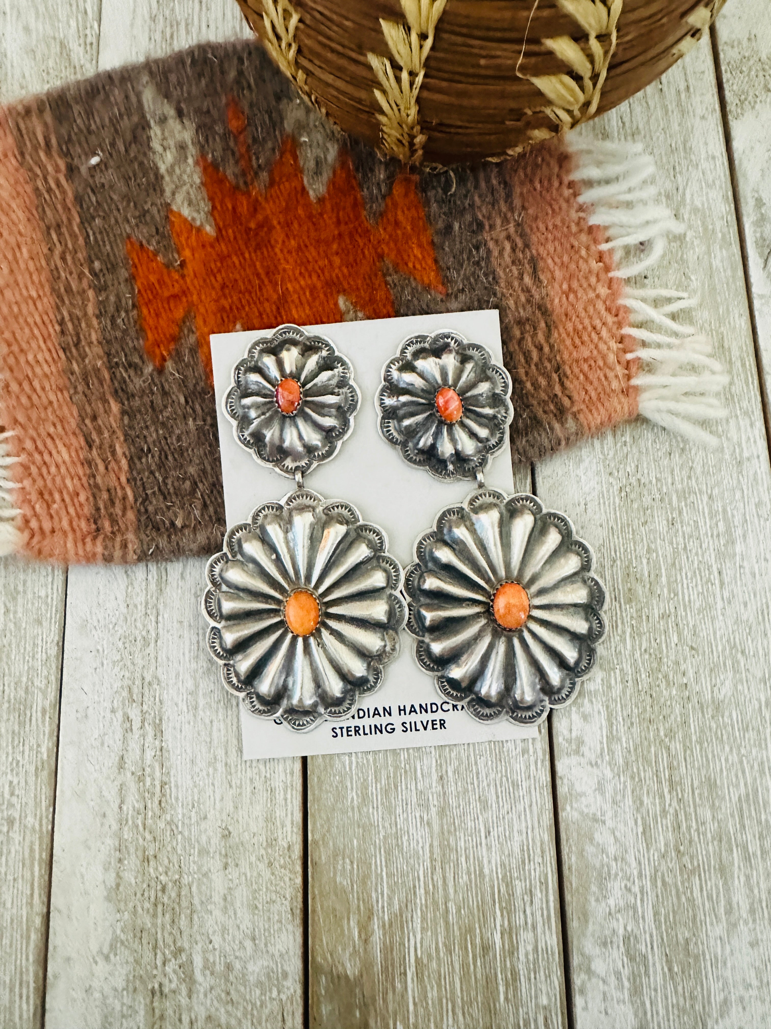 Handcrafted Orange Spiny and Sterling Silver Concho Dangle Earrings