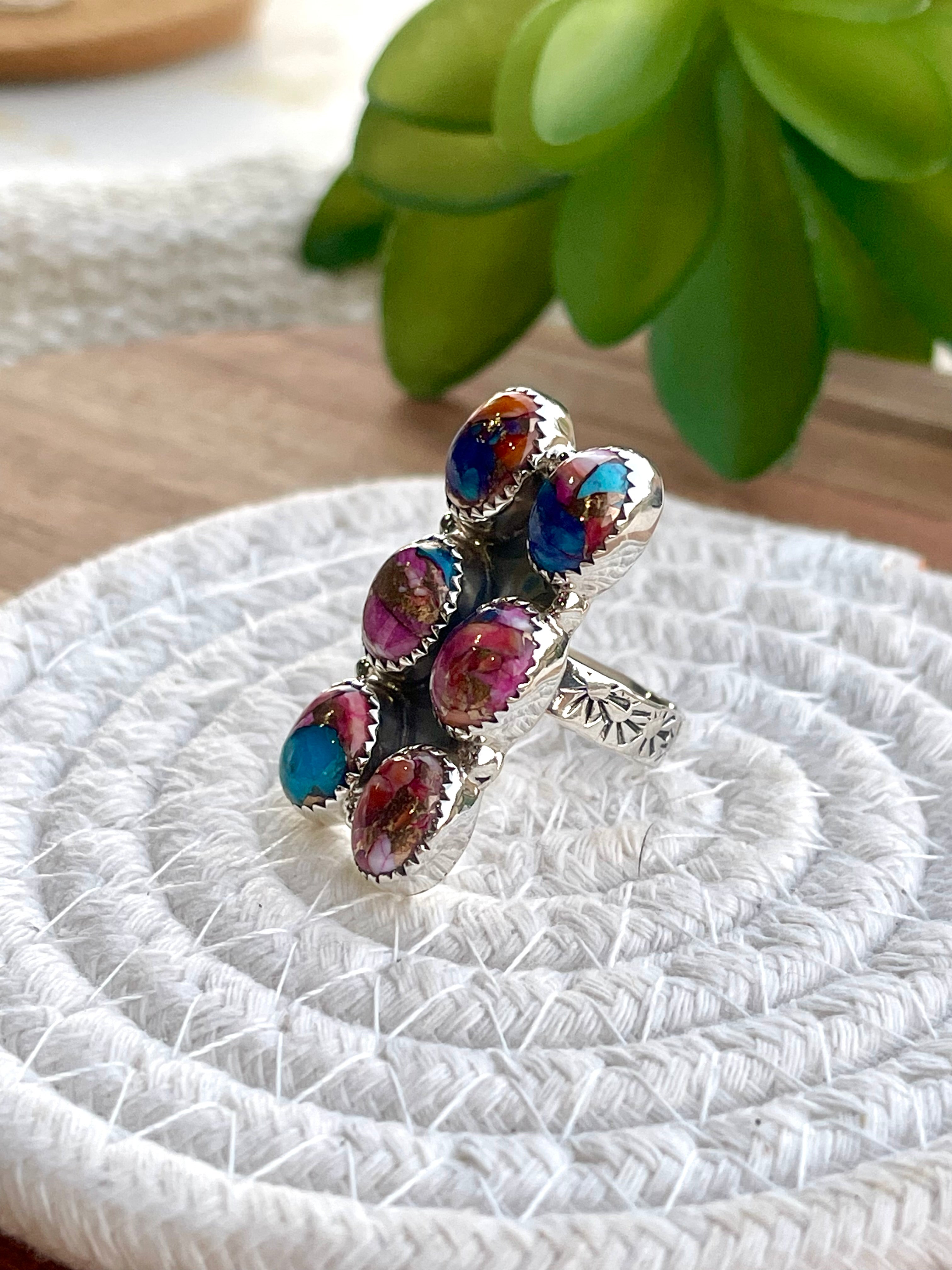 Beautiful Handmade Pink Dream Mojave And Sterling Silver Adjustable Cluster Ring