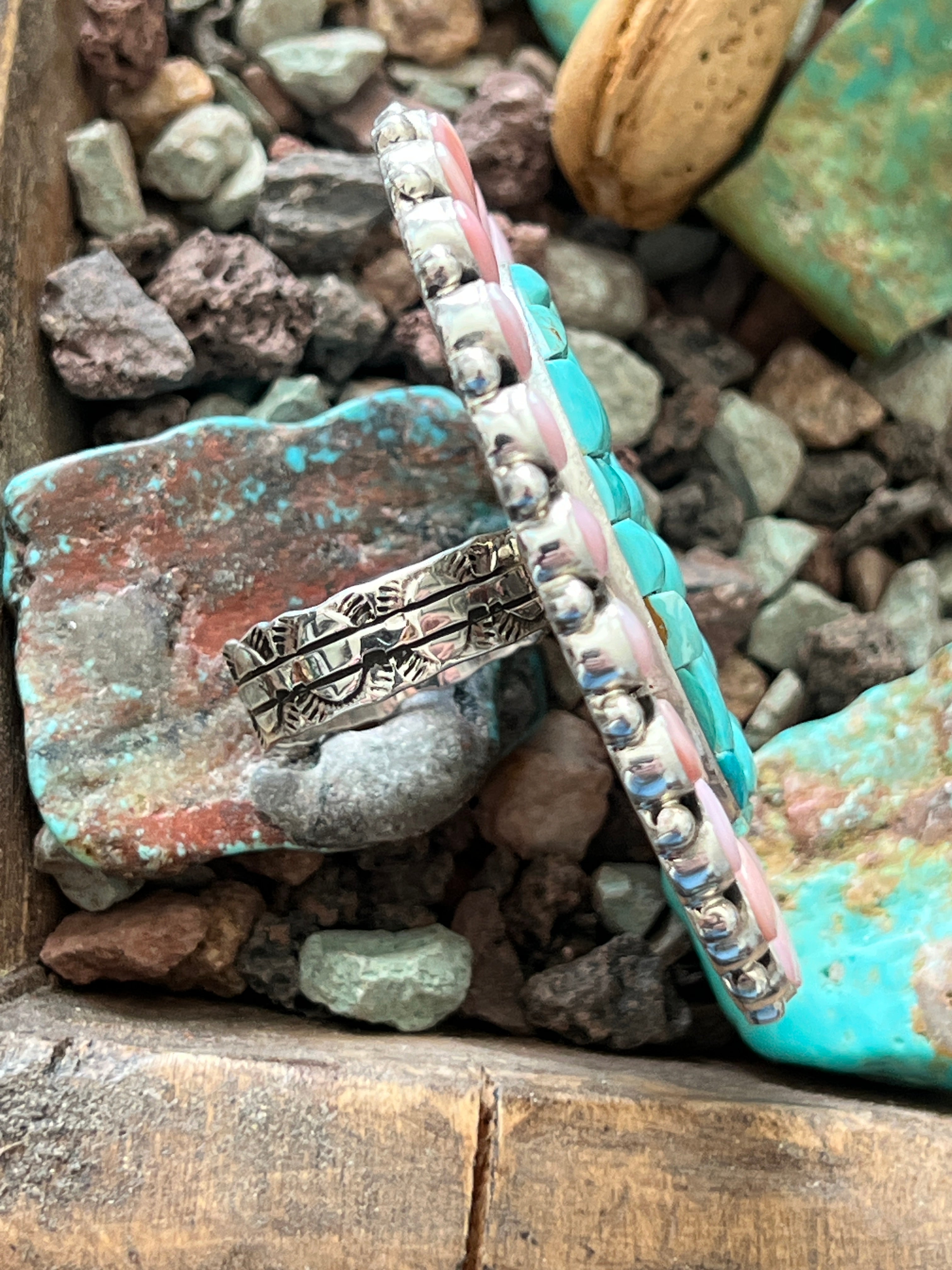 Handcrafted Cobblestone Kingman Turquoise and Pink Conch Cluster Ring by Aaron Tallis, Adjustable