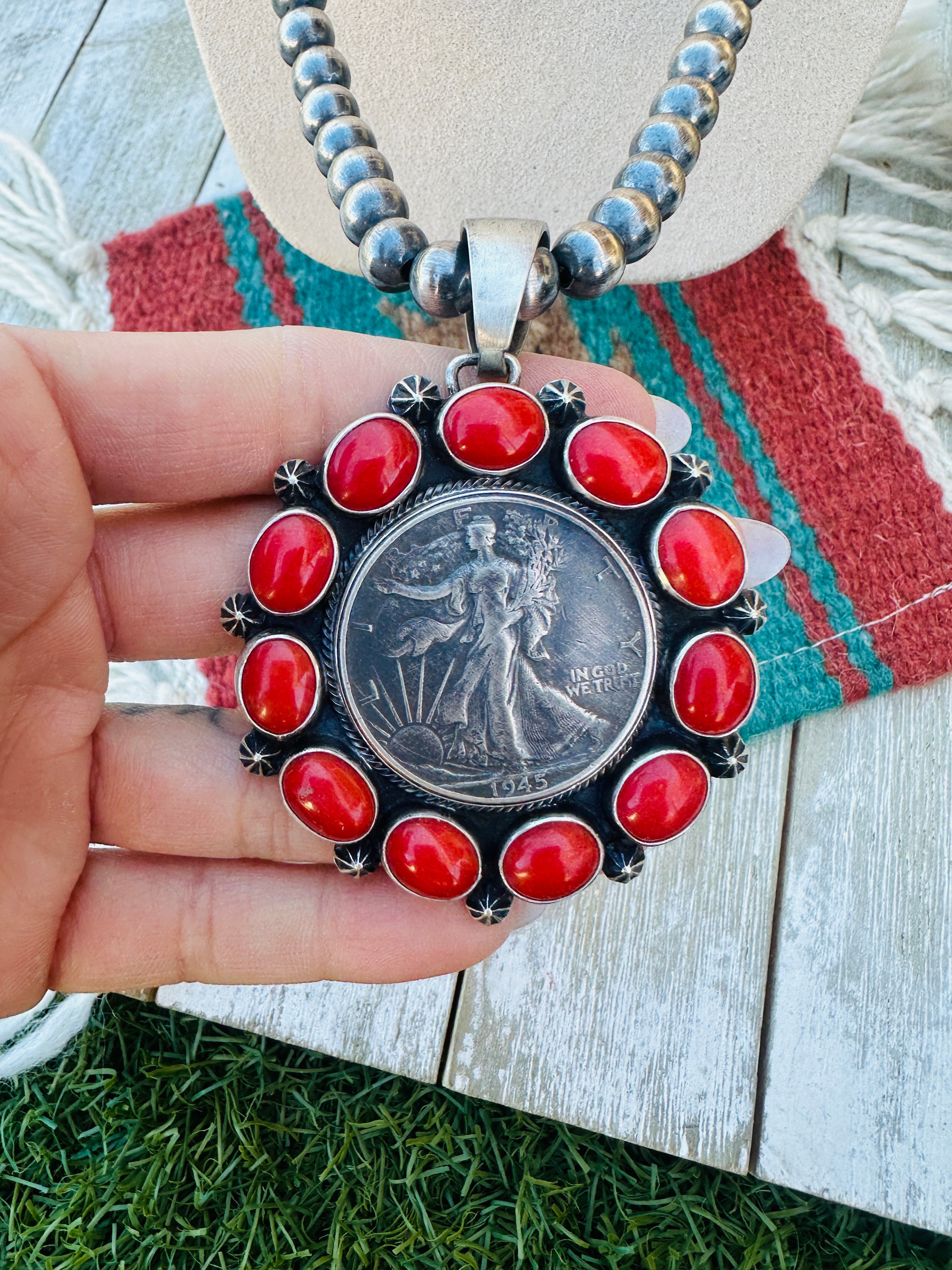 Handcrafted Sterling Silver and Coral Liberty Coin Necklace by Darrin Livingston
