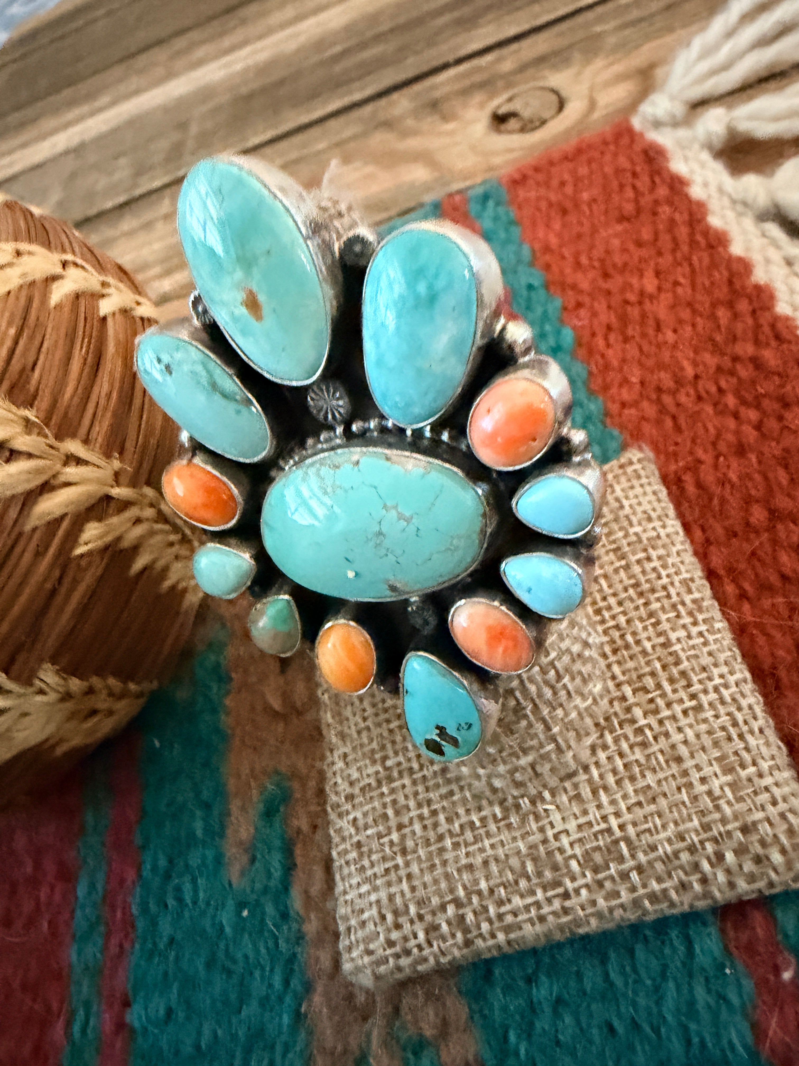 Handcrafted Spiny Oyster, Turquoise & Sterling Silver Cluster Ring by Sheila Becenti Size 6.5
