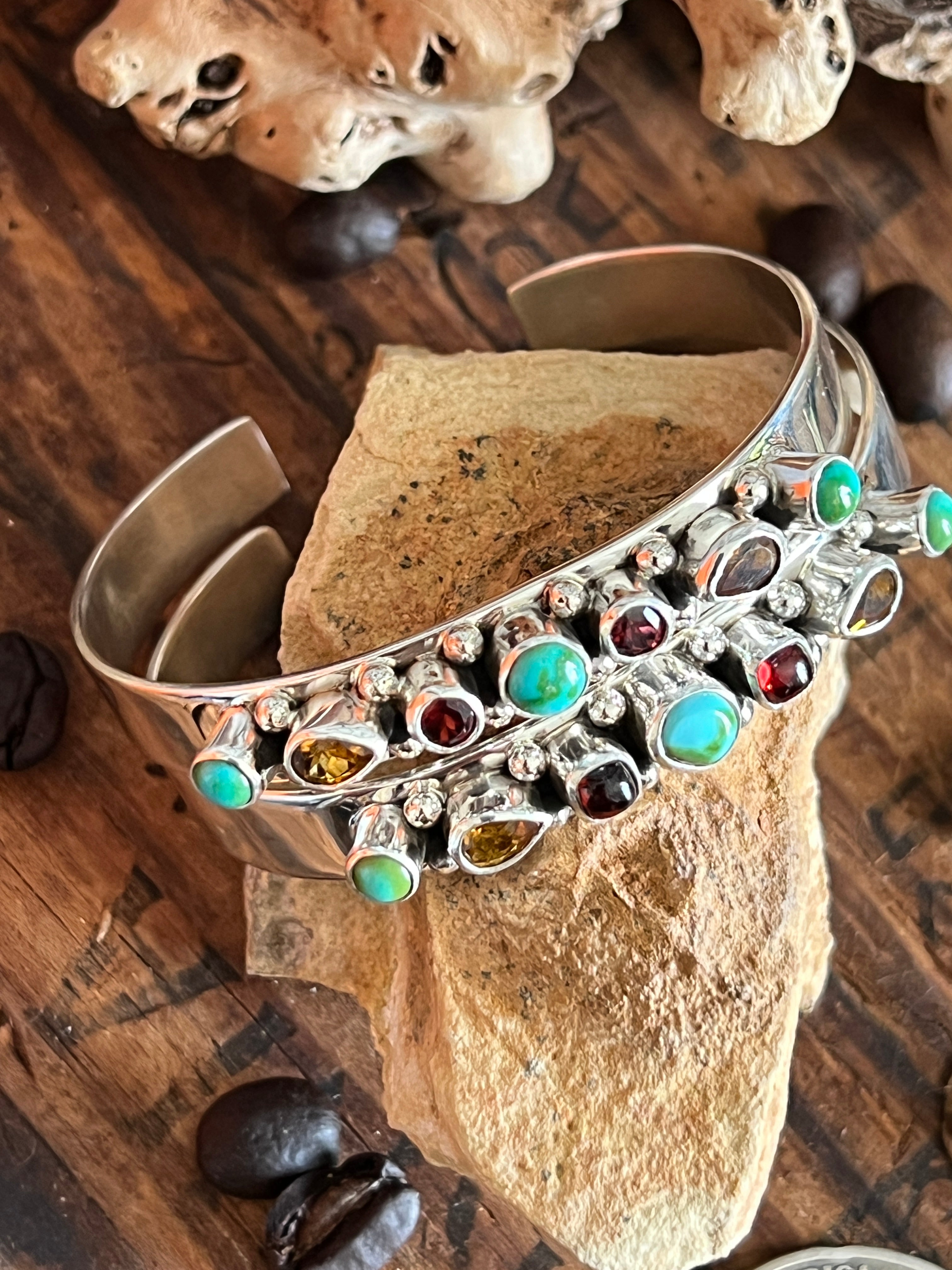Handcrafted Sterling Silver Gems & Jewels Stacker Cuffs Bracelet by Lucy Jake, Narrow