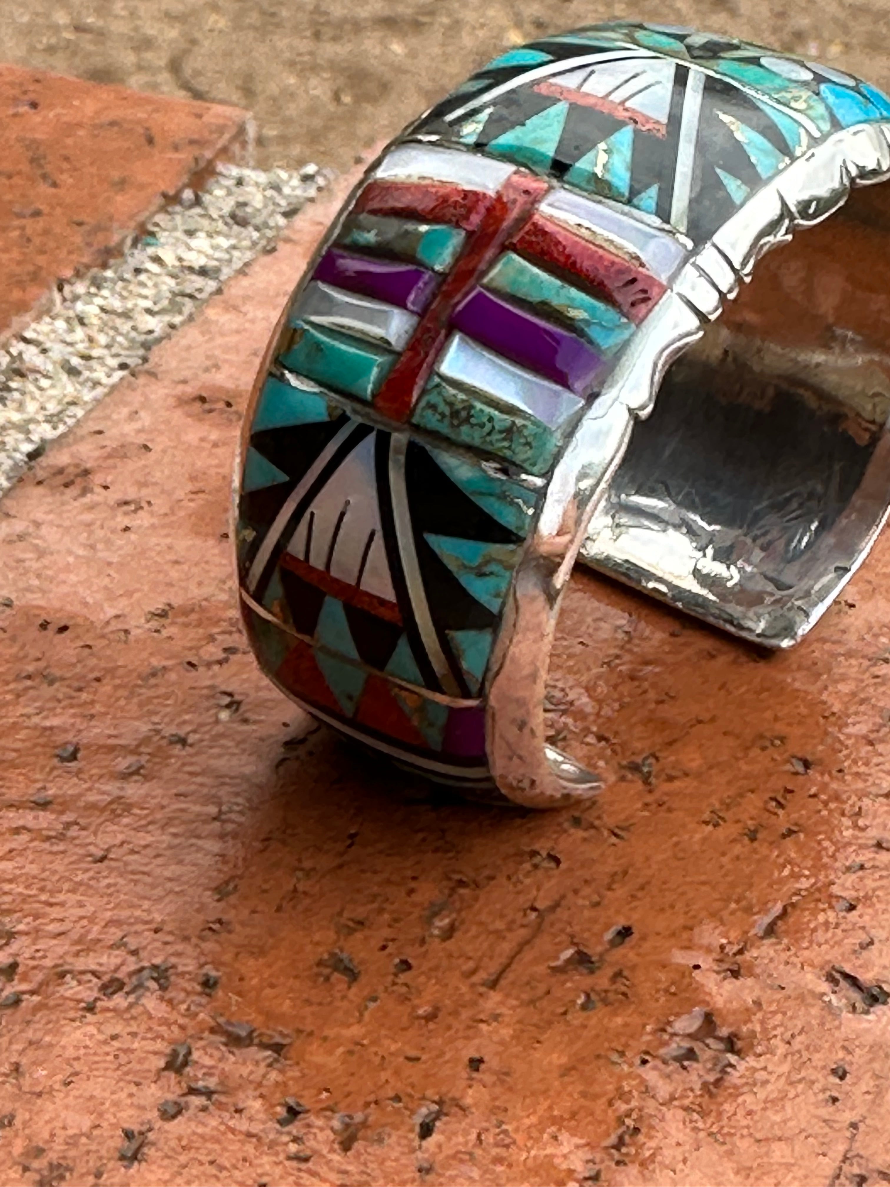 Handmade Sterling Silver Multi Stone Mosaic Inlay Cuff