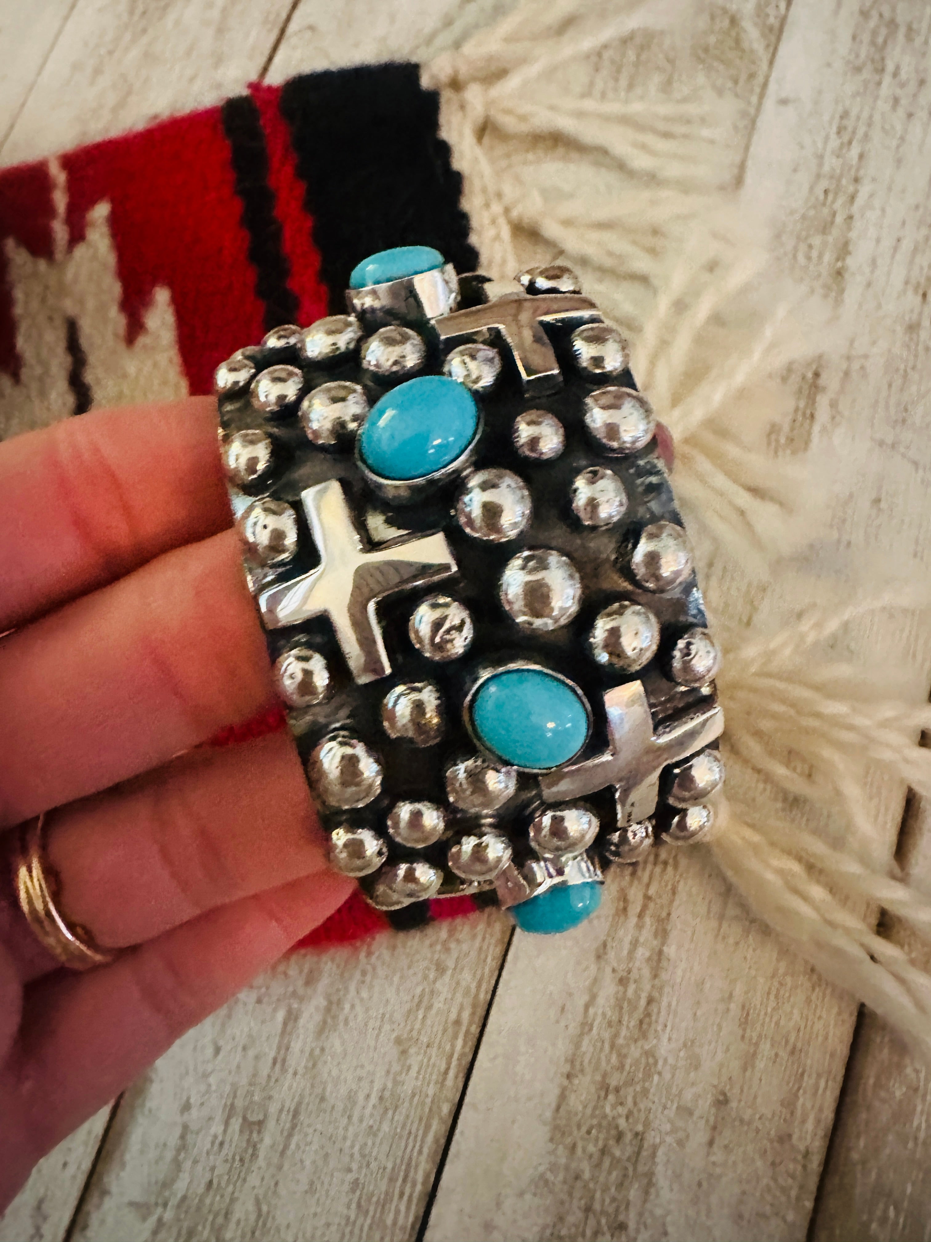 Navajo Turquoise & Sterling Silver Cross Cuff Bracelet By Chimney Butte /