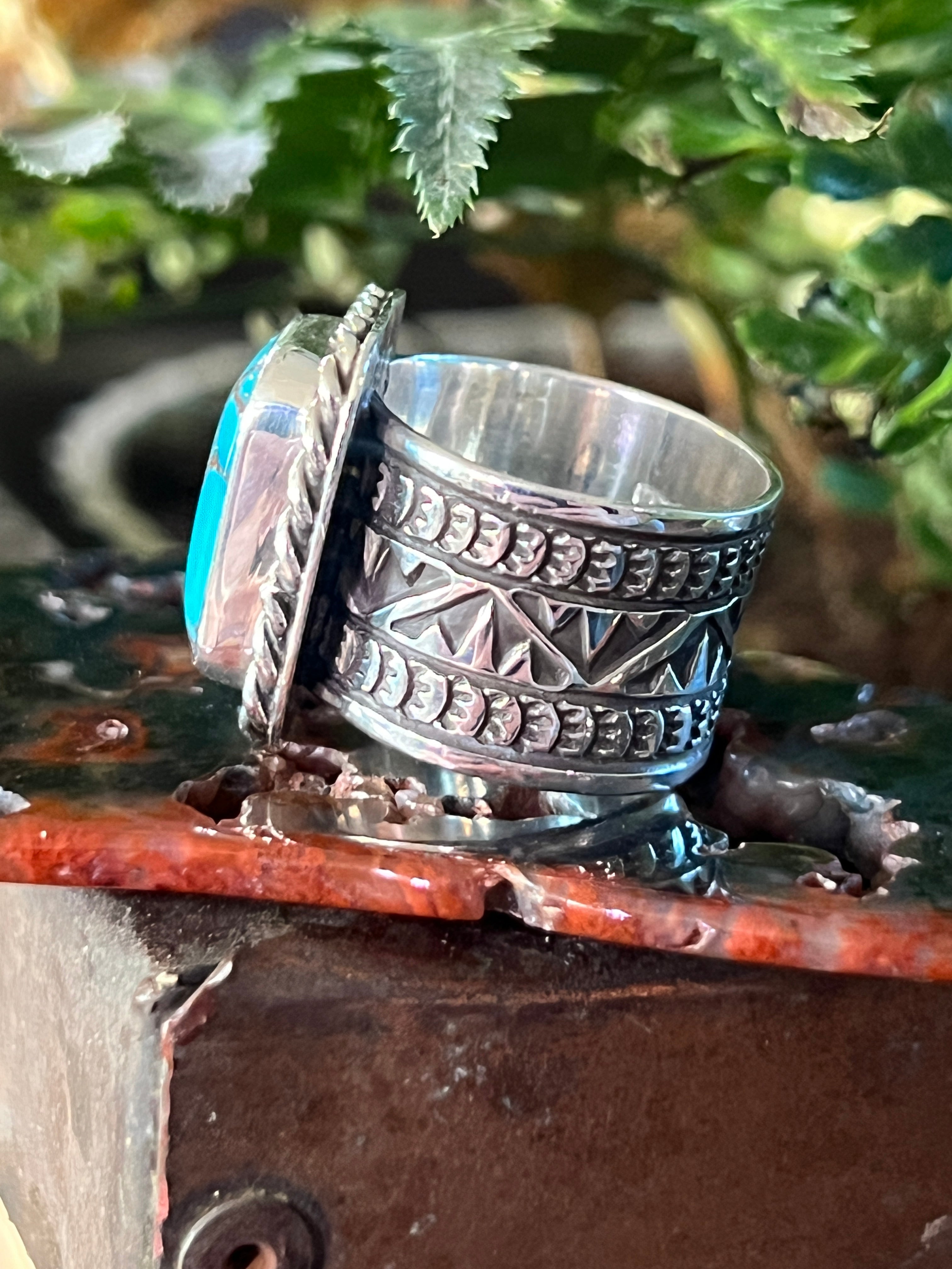 Handcrafted Hand Stamped Sterling Silver Wide Shank Ring with Egyptian Turquoise by Shaun Rogers, Size 9