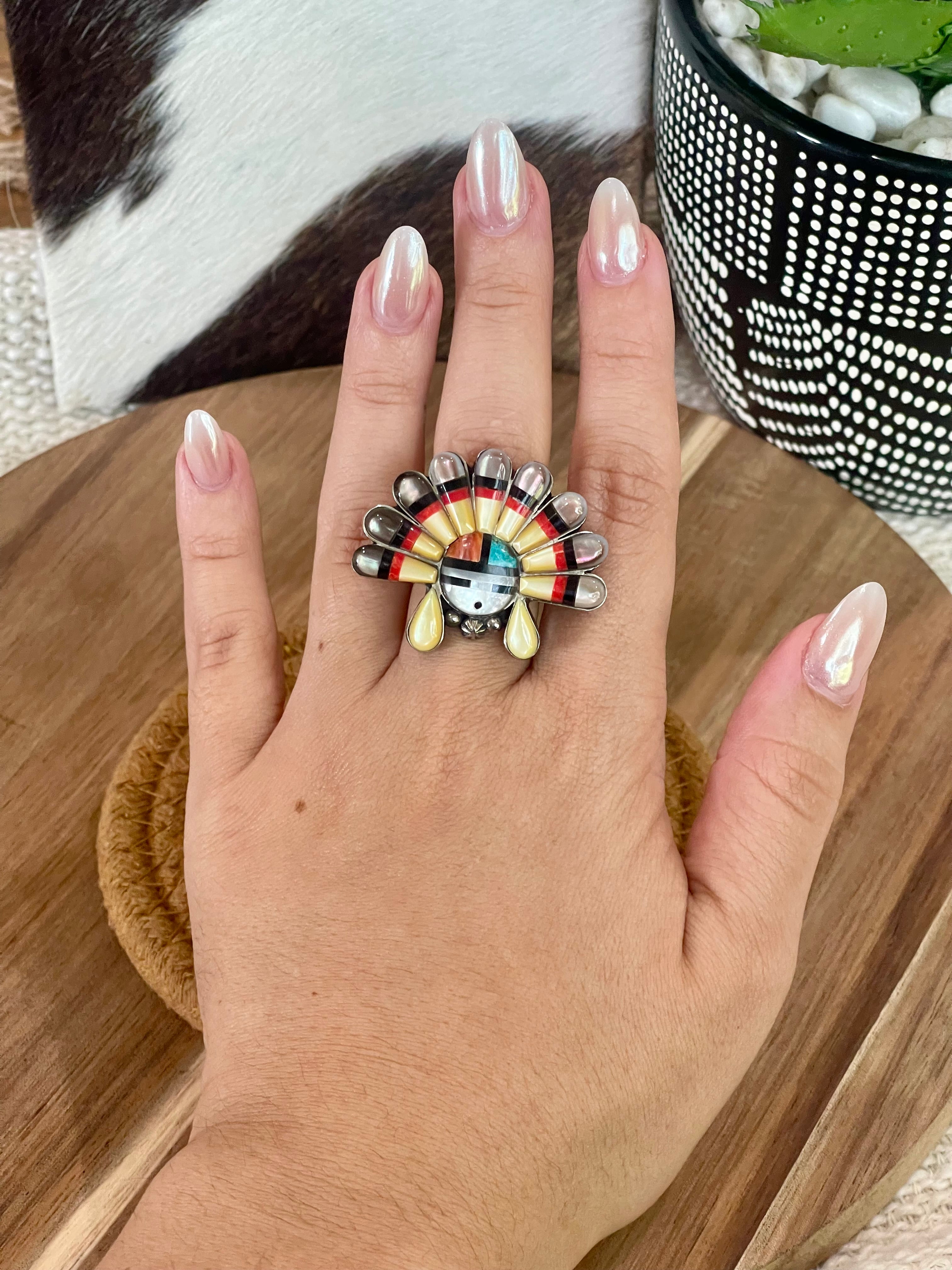 Handmade Sterling Silver & Multi Stone Sunface Adjustable Ring