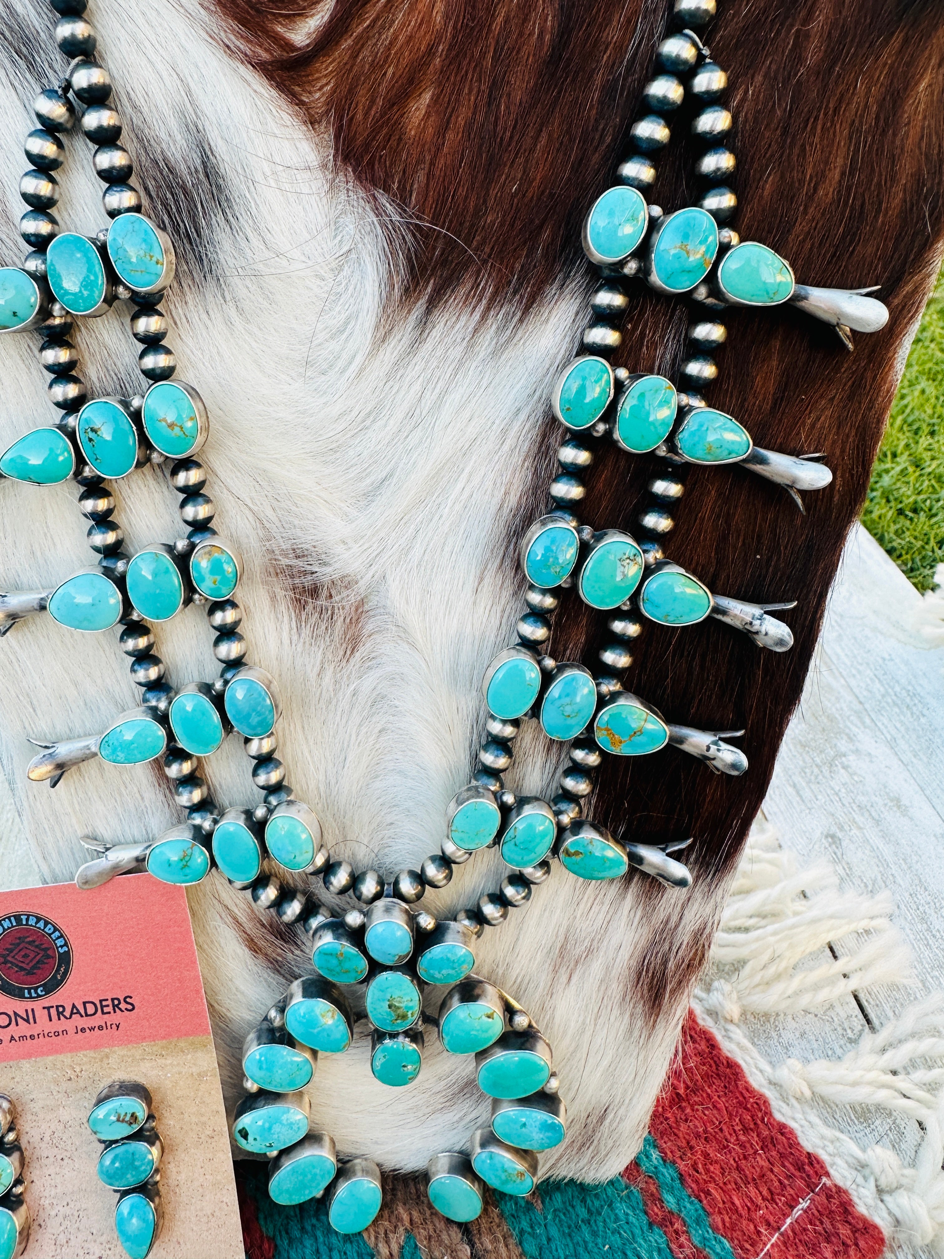 Handcrafted Carico Lake Turquoise & Sterling Silver Squash Blossom Necklace and Earring Set