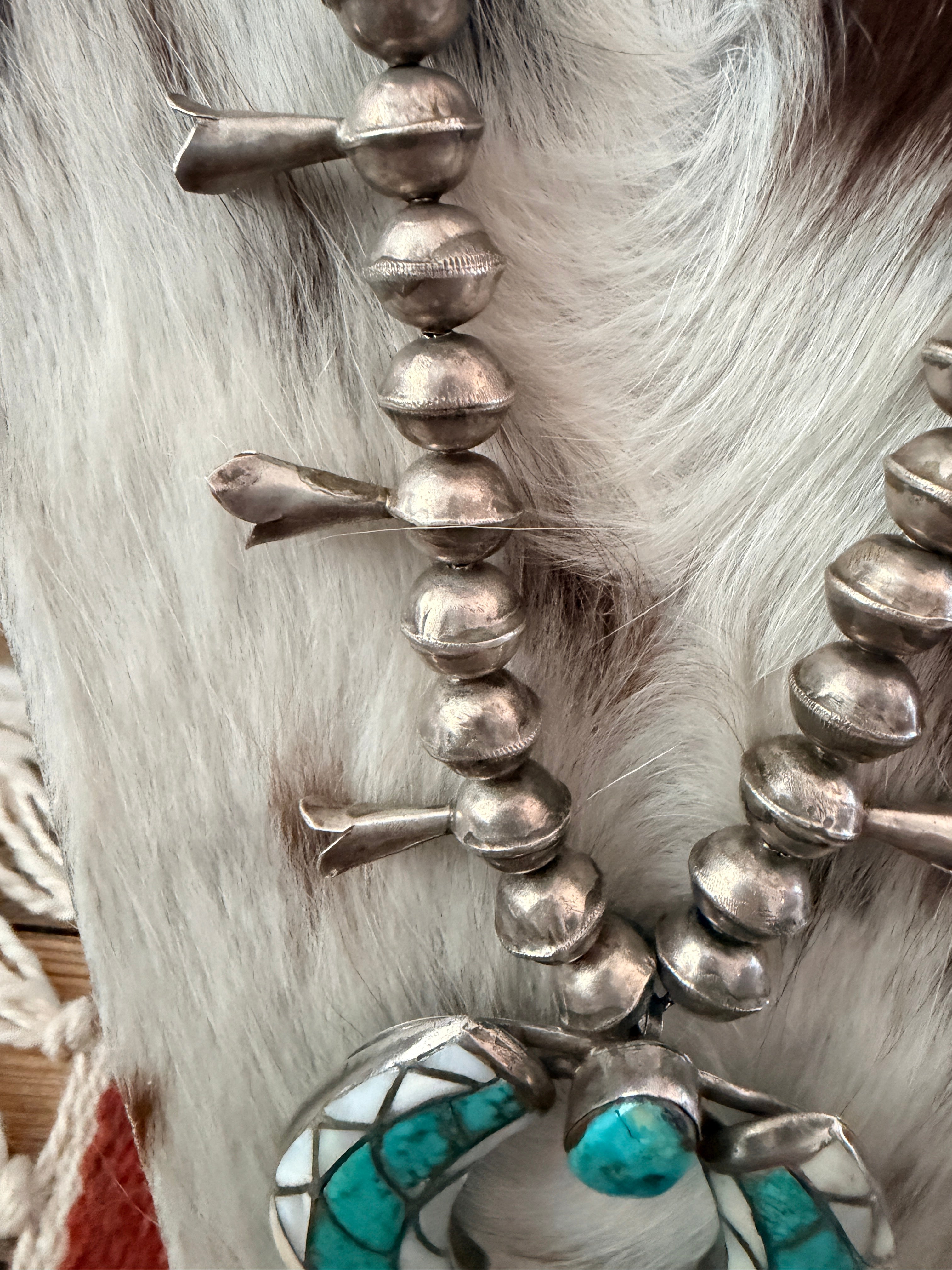 Old Pawn Handcrafted Turquoise, Mother of Pearl & Sterling Silver Beaded Squash Blossom Necklace