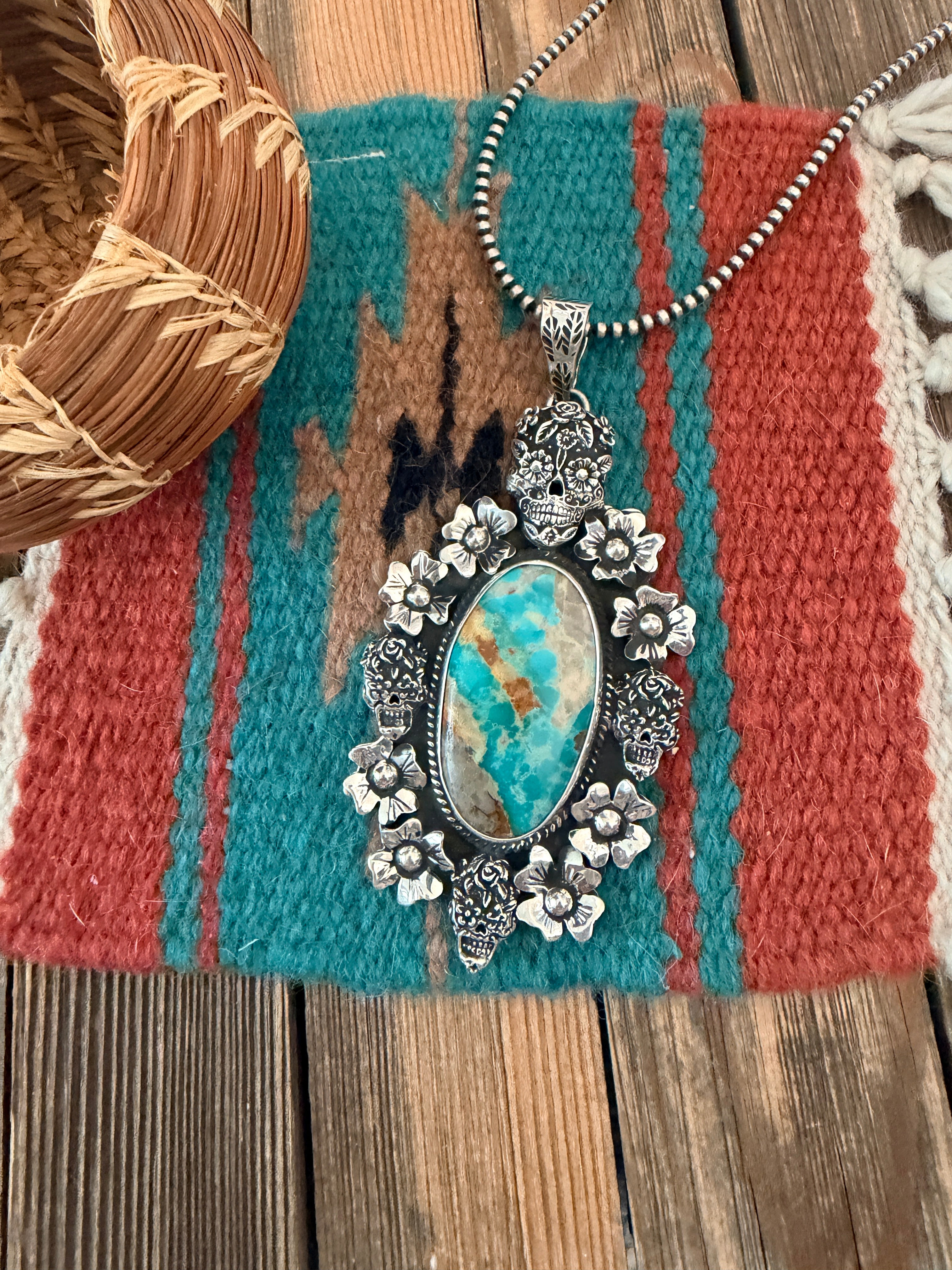 Handmade Sterling Silver & Turquoise Skull Pendant by Jesus Vega