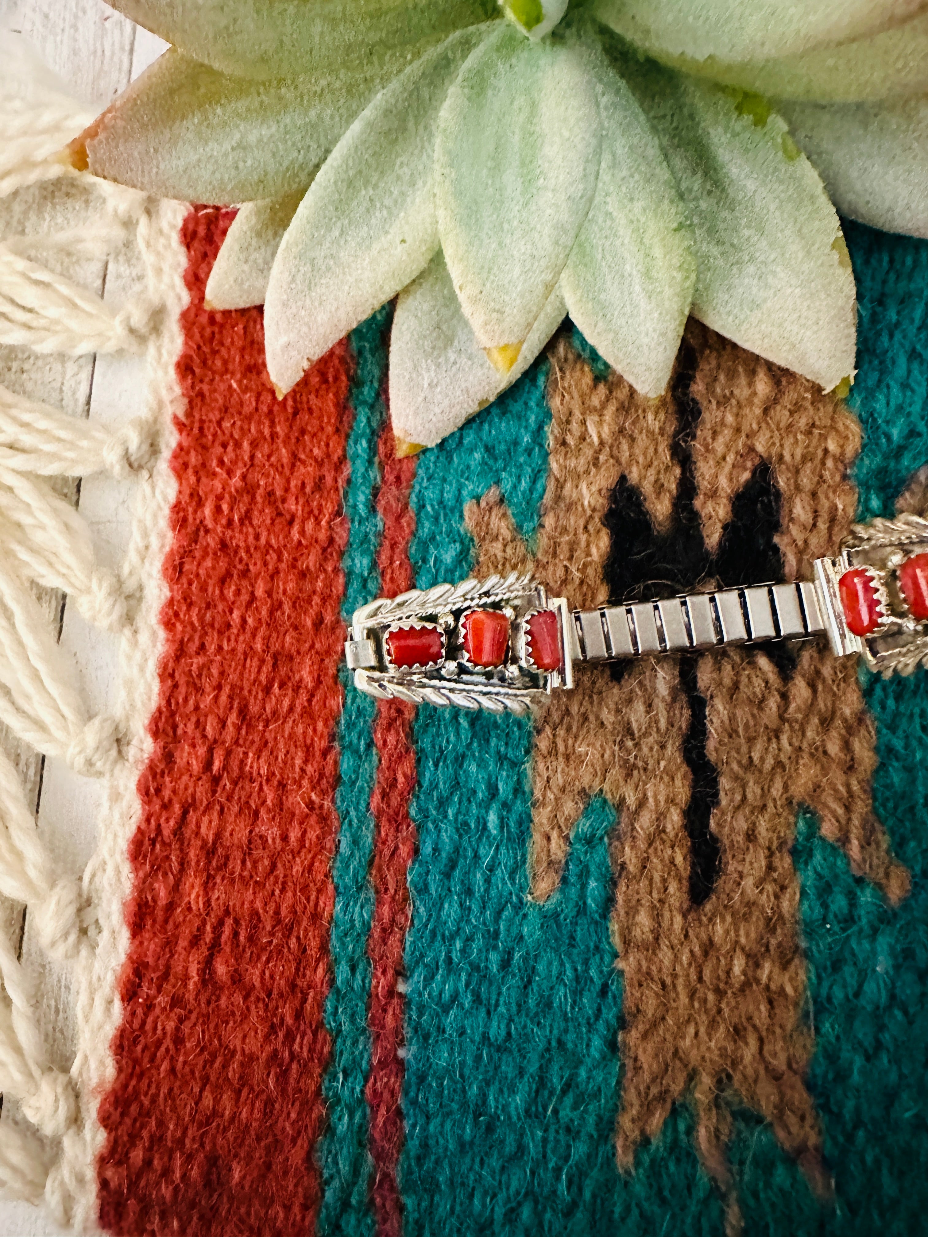 Handcrafted Sterling Silver & Coral Watch Band Signed