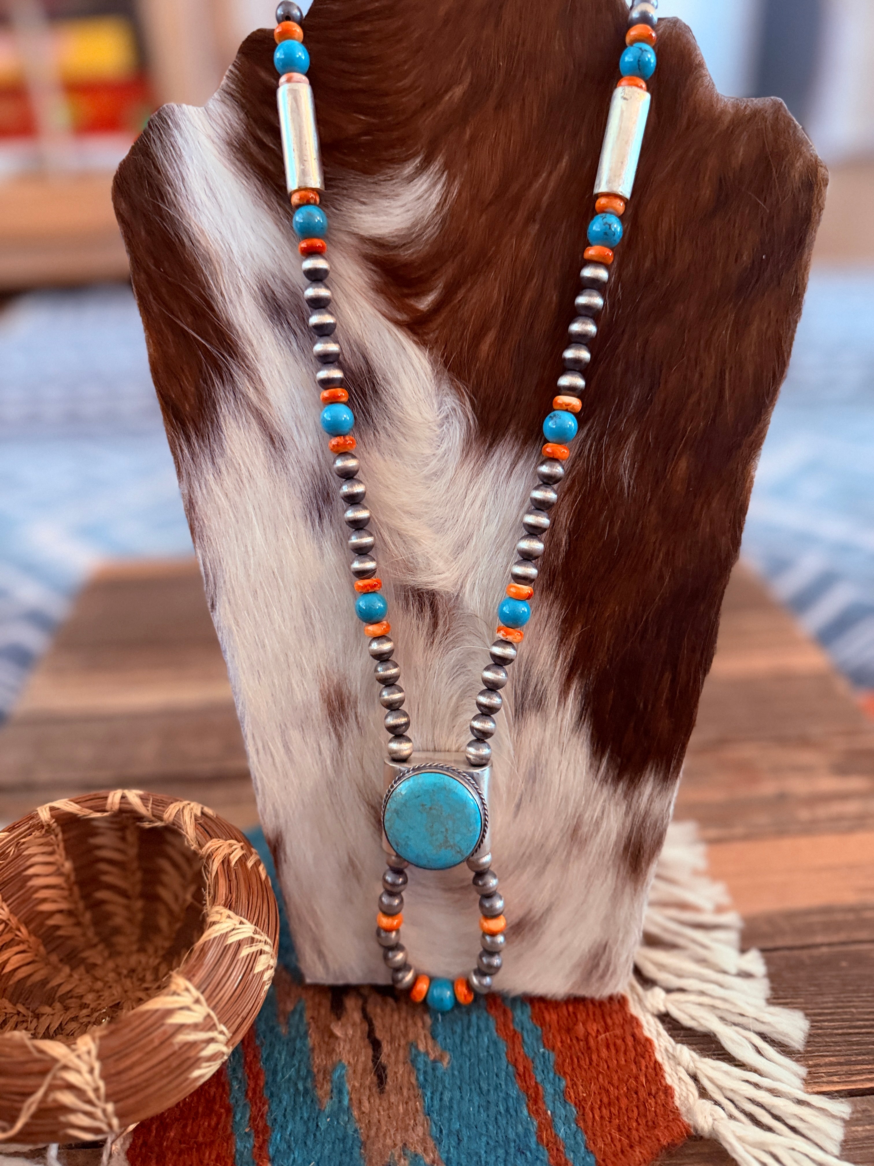 Handcrafted Turquoise, Spiny & Sterling Silver Beaded Jacla Necklace