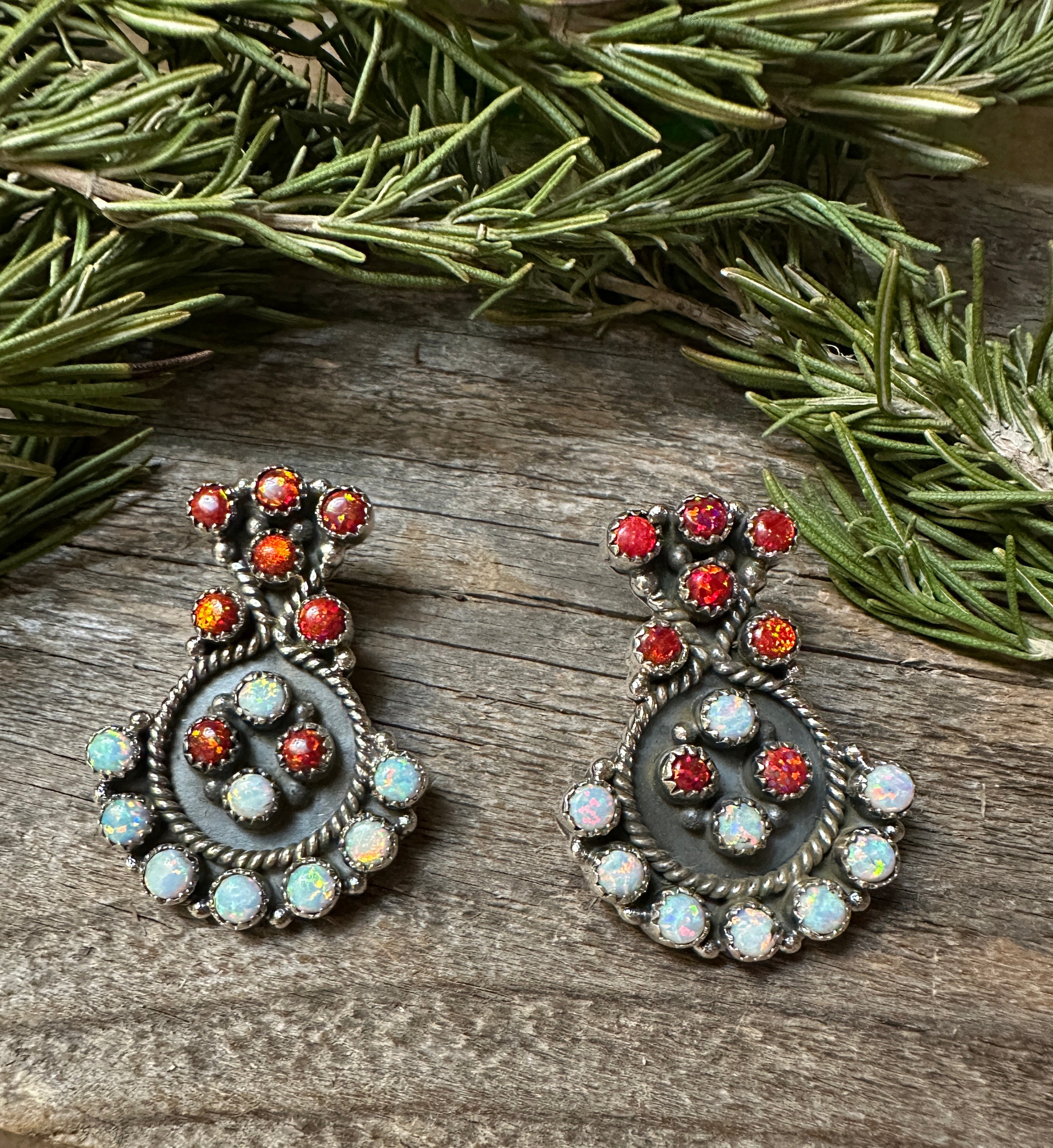 Handmade Red & White Fire Opal Sterling Silver Post Earrings