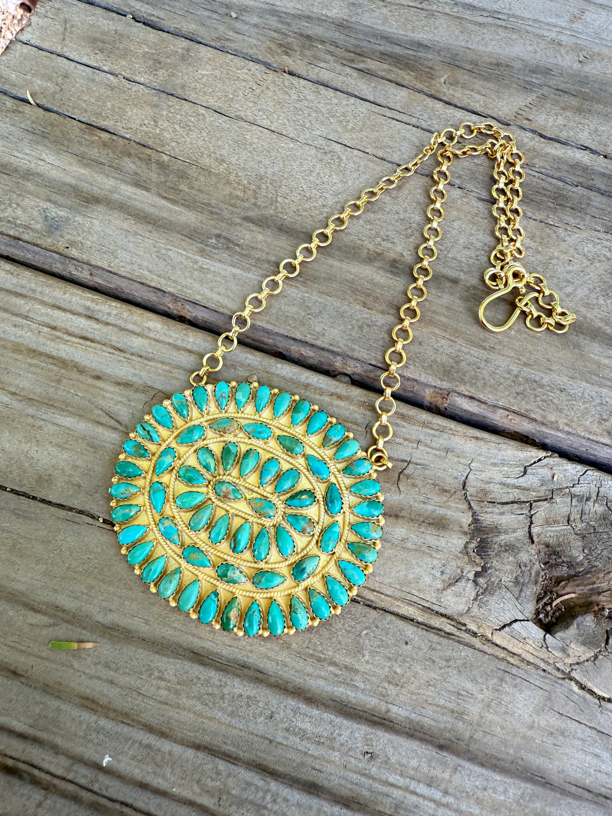 “The Golden Collection” Handmade Gold Plated Sterling Silver Kingman Turquoise Cluster Necklace