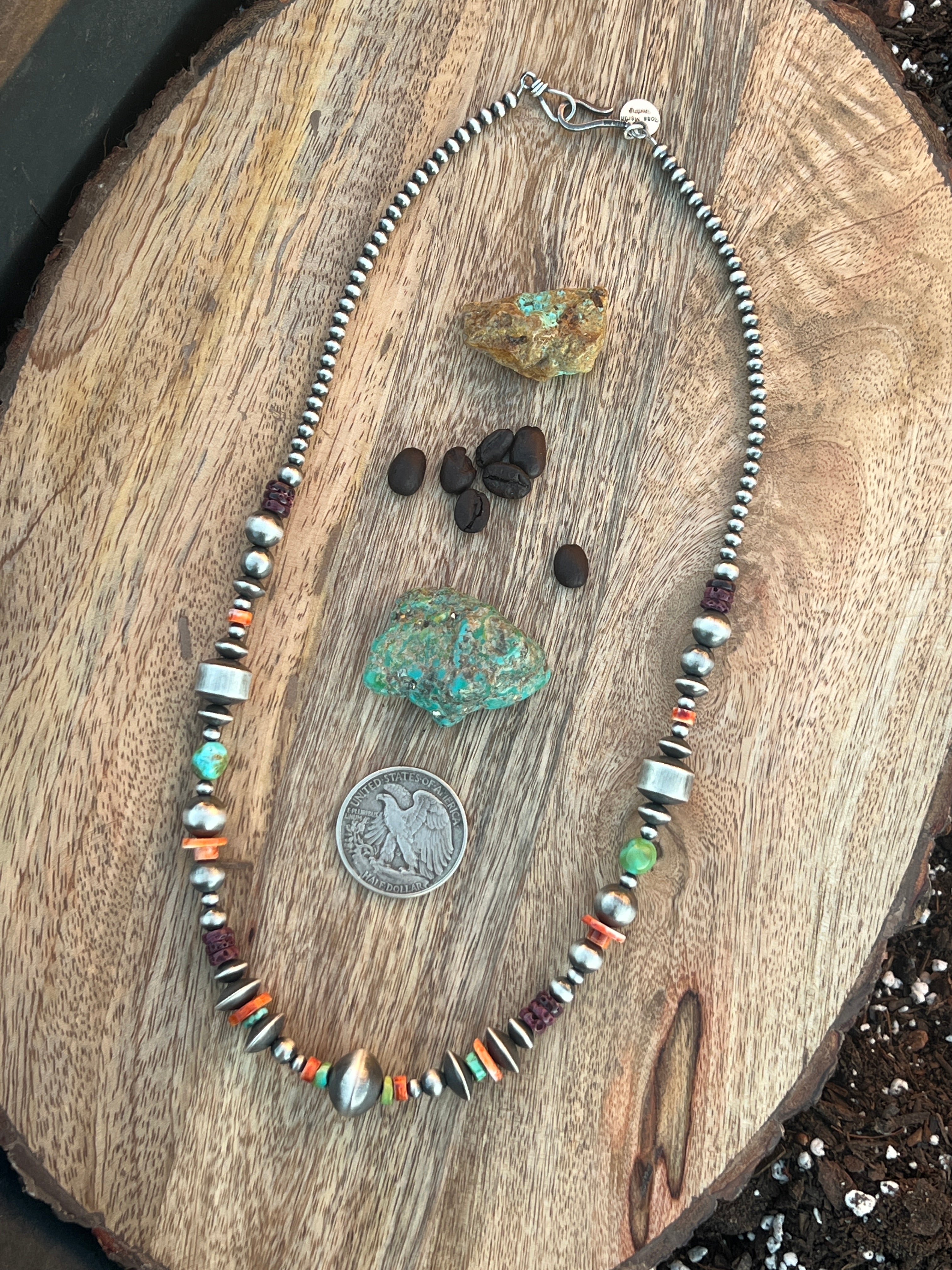 Rose Martin Electric Rainbow Sterling Silver, Turquoise and Spiny Oyster Single Strand Beaded Necklace, 22 inches