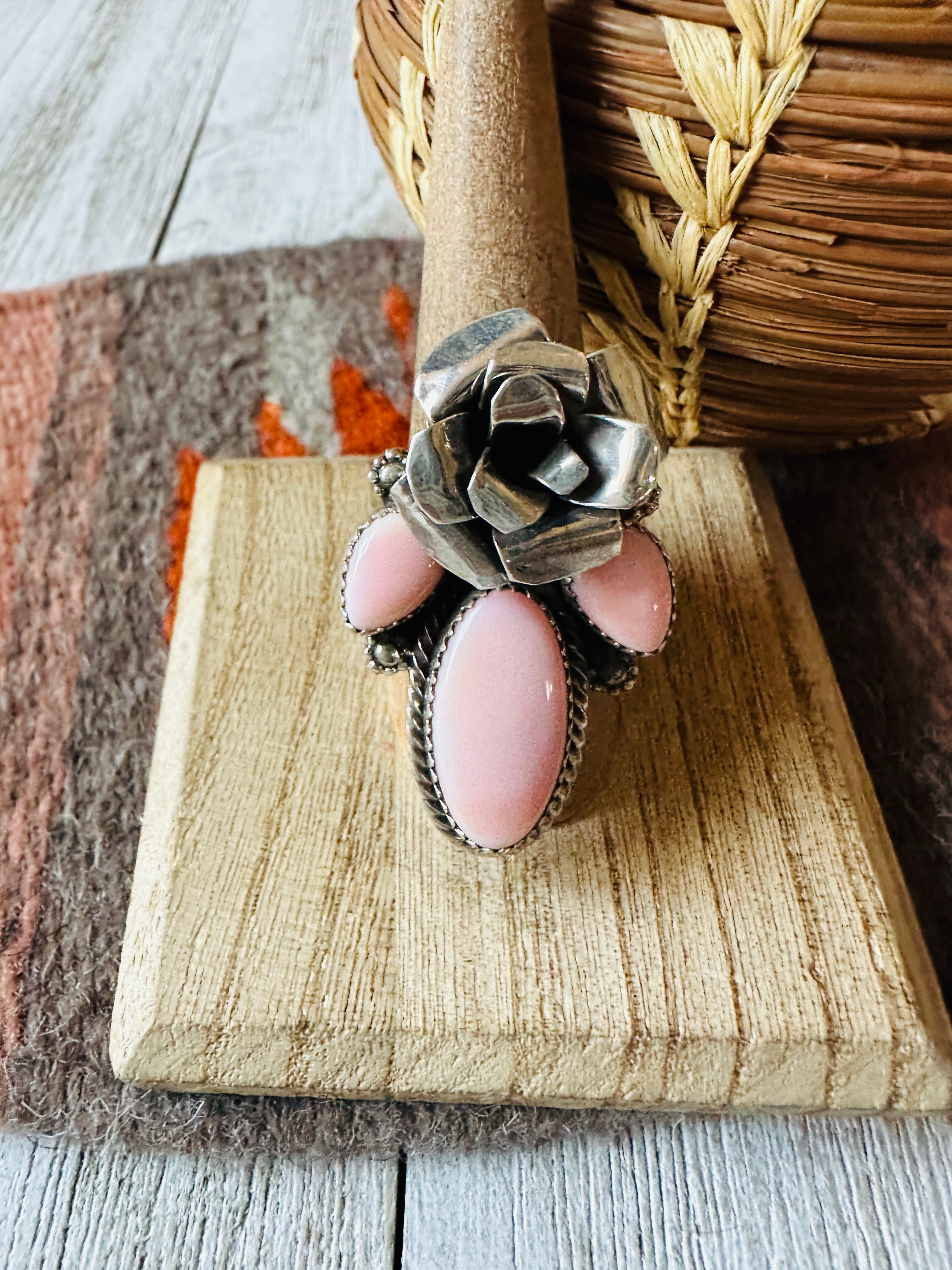 Handcrafted Sterling Silver & Queen Pink Conch Rose Adjustable Ring