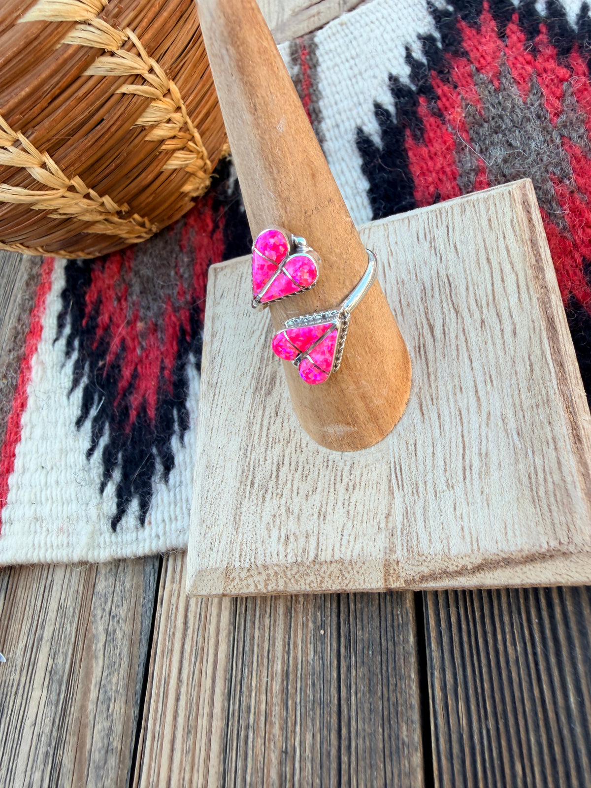Handcrafted Pink Opal & Sterling Silver Inlay Heart Adjustable Ring