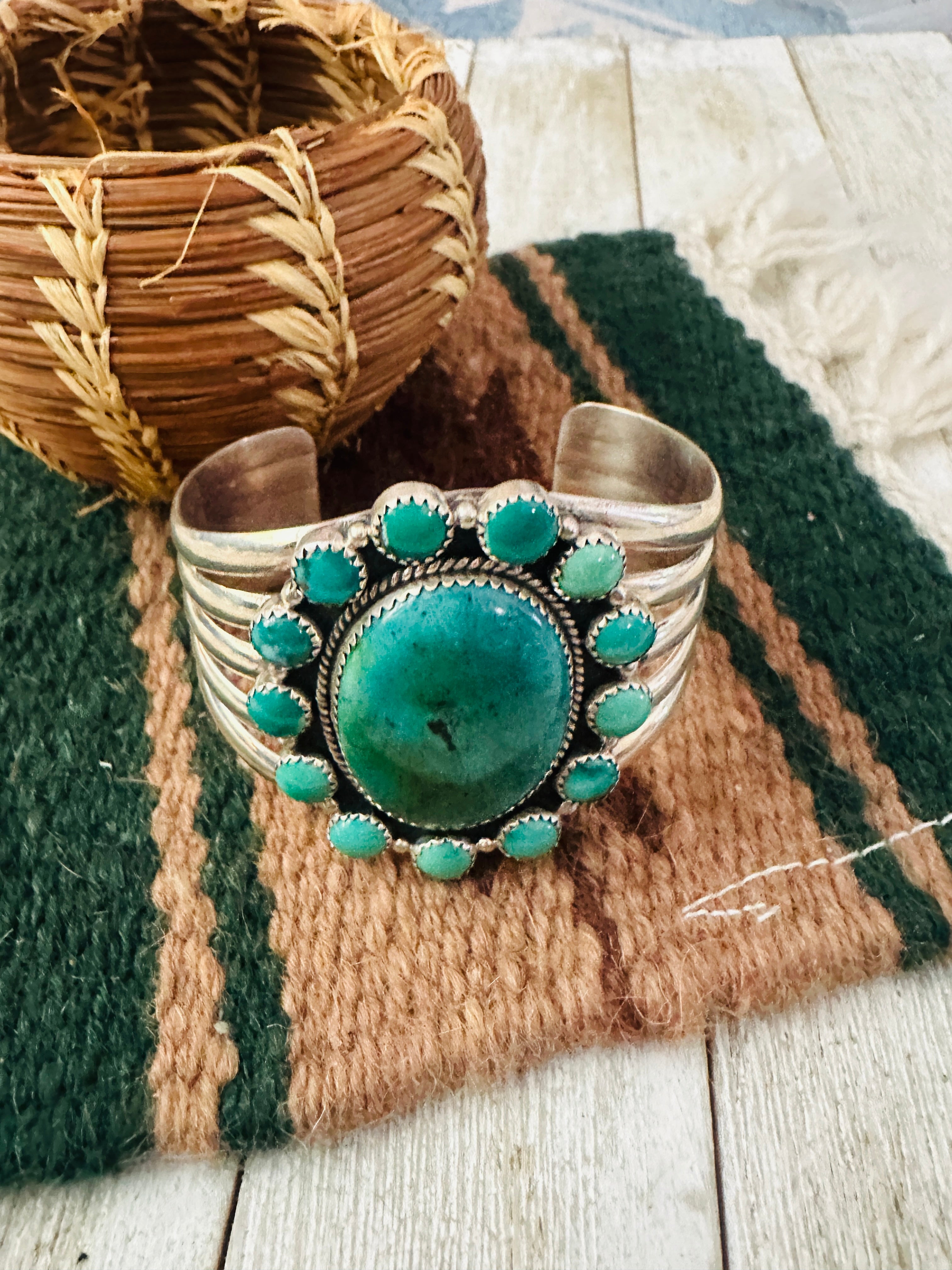 Handcrafted Old Pawn Turquoise & Sterling Silver Cluster Cuff Bracelet