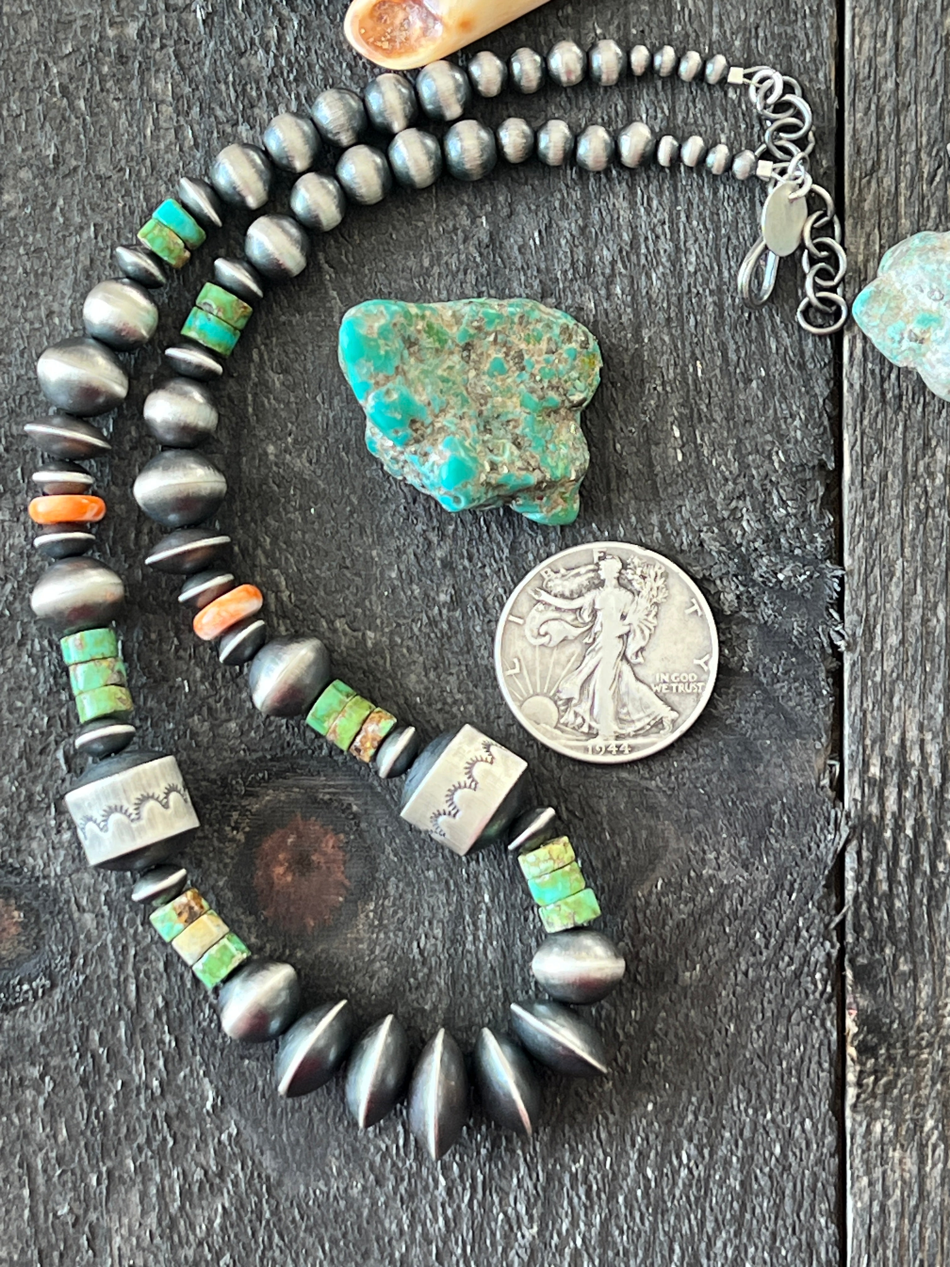 Handcrafted Made Electric Rainbow Sterling Silver, Turquoise and Spiny Oyster Single Strand Beaded Necklace by Rose Martin, X-tra Chunk, 18 + 2 Inches