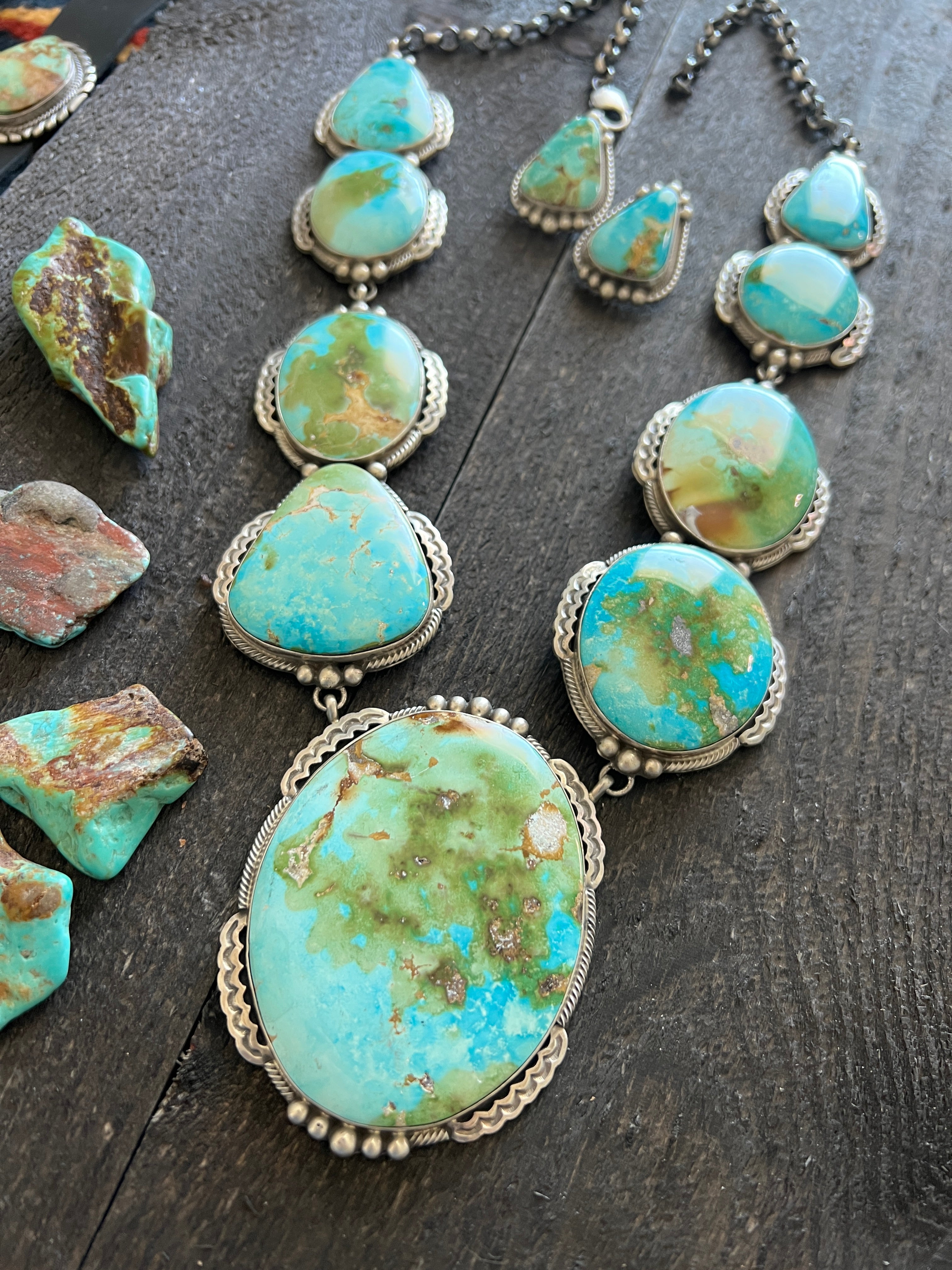 Massive Navajo Sterling Silver and Sonoran Mountain Turquoise Statement Necklace with Earrings by Talila Benally