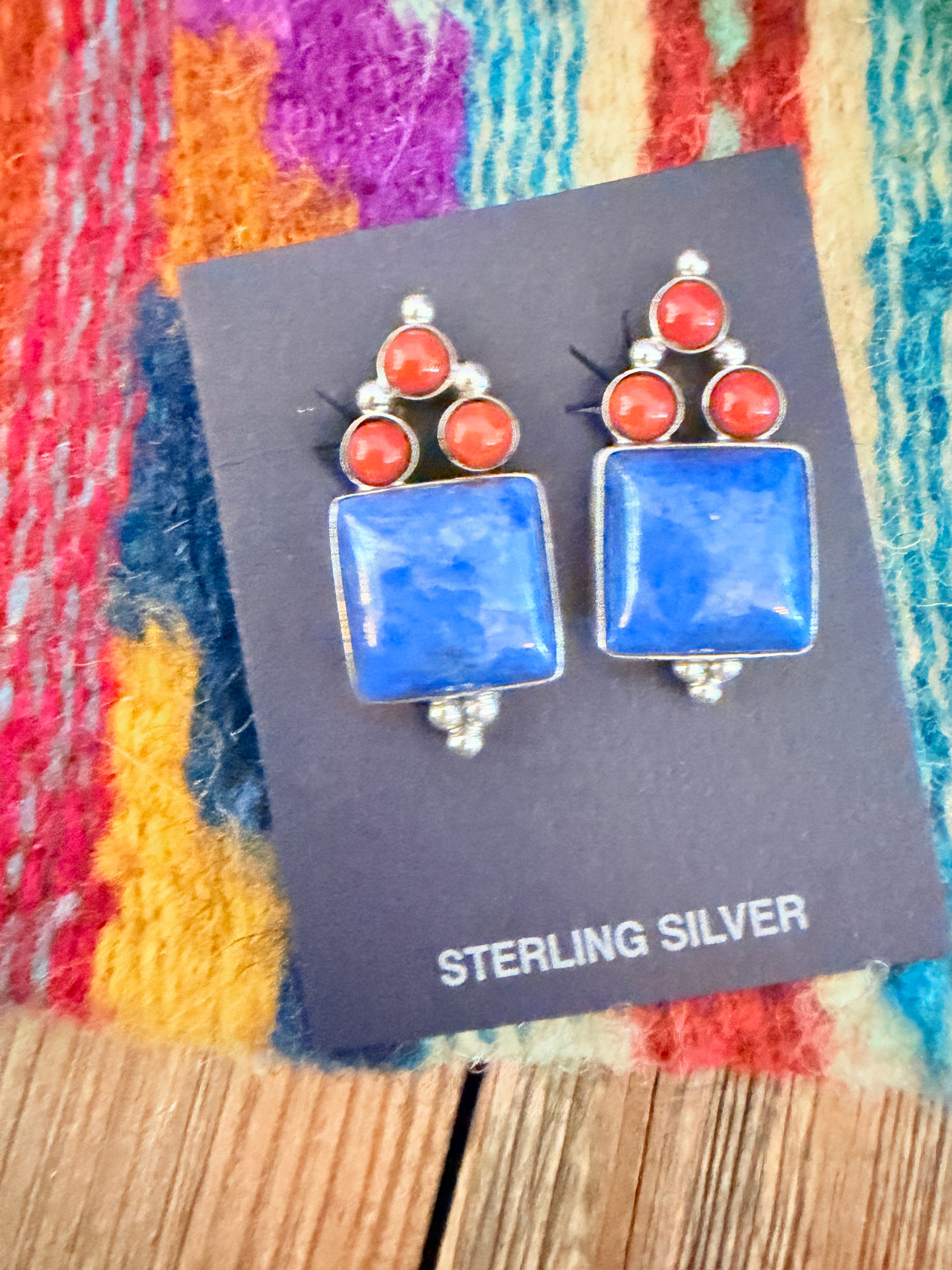 Handcrafted Lapis, Coral & Sterling Silver Clip On Earrings