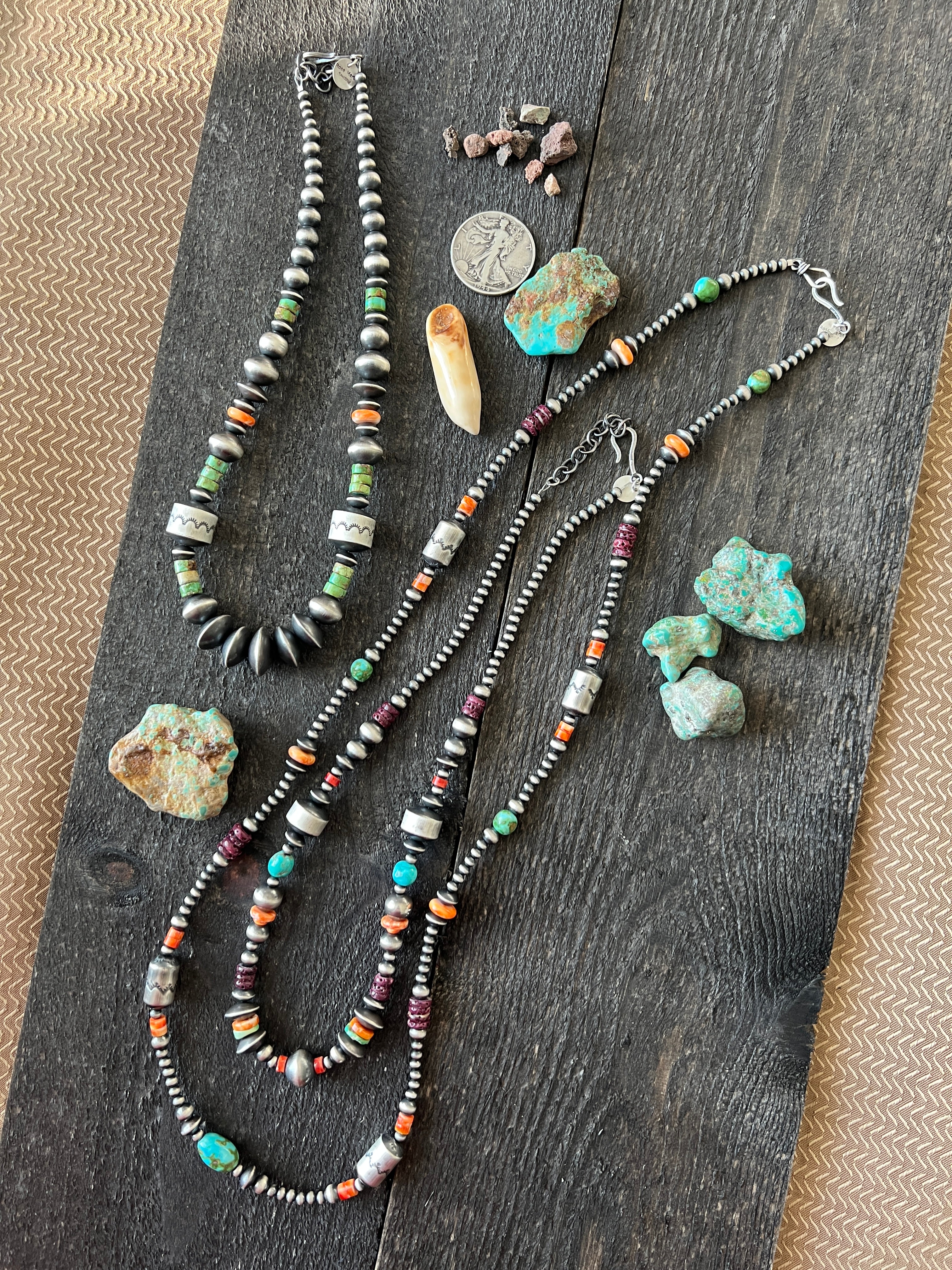 Handcrafted Made Electric Rainbow Sterling Silver, Turquoise and Spiny Oyster Single Strand Beaded Necklace by Rose Martin, X-tra Chunk, 18 + 2 Inches