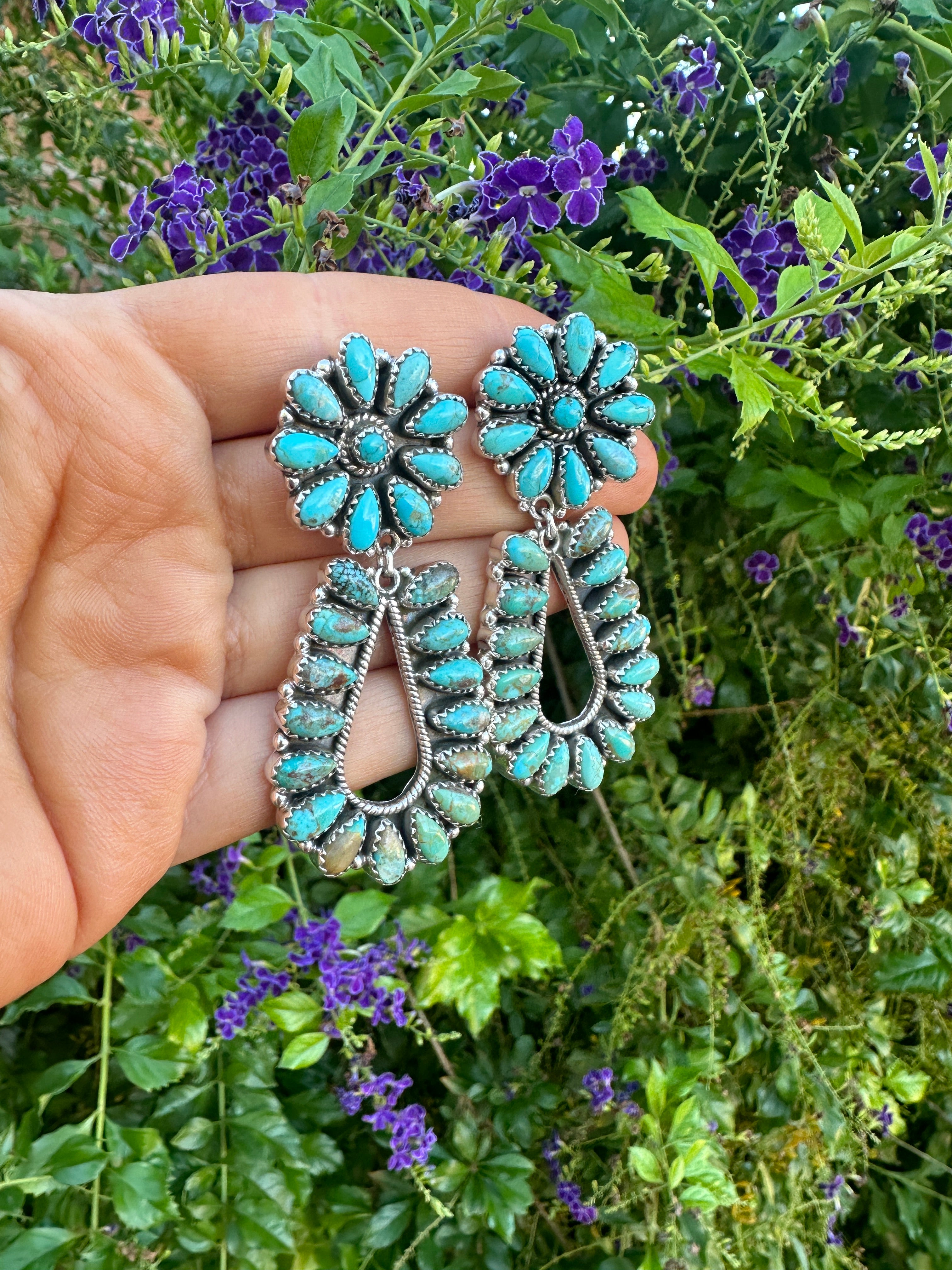 FLOWER DROPS Handmade Turquoise and Sterling Silver Dangles