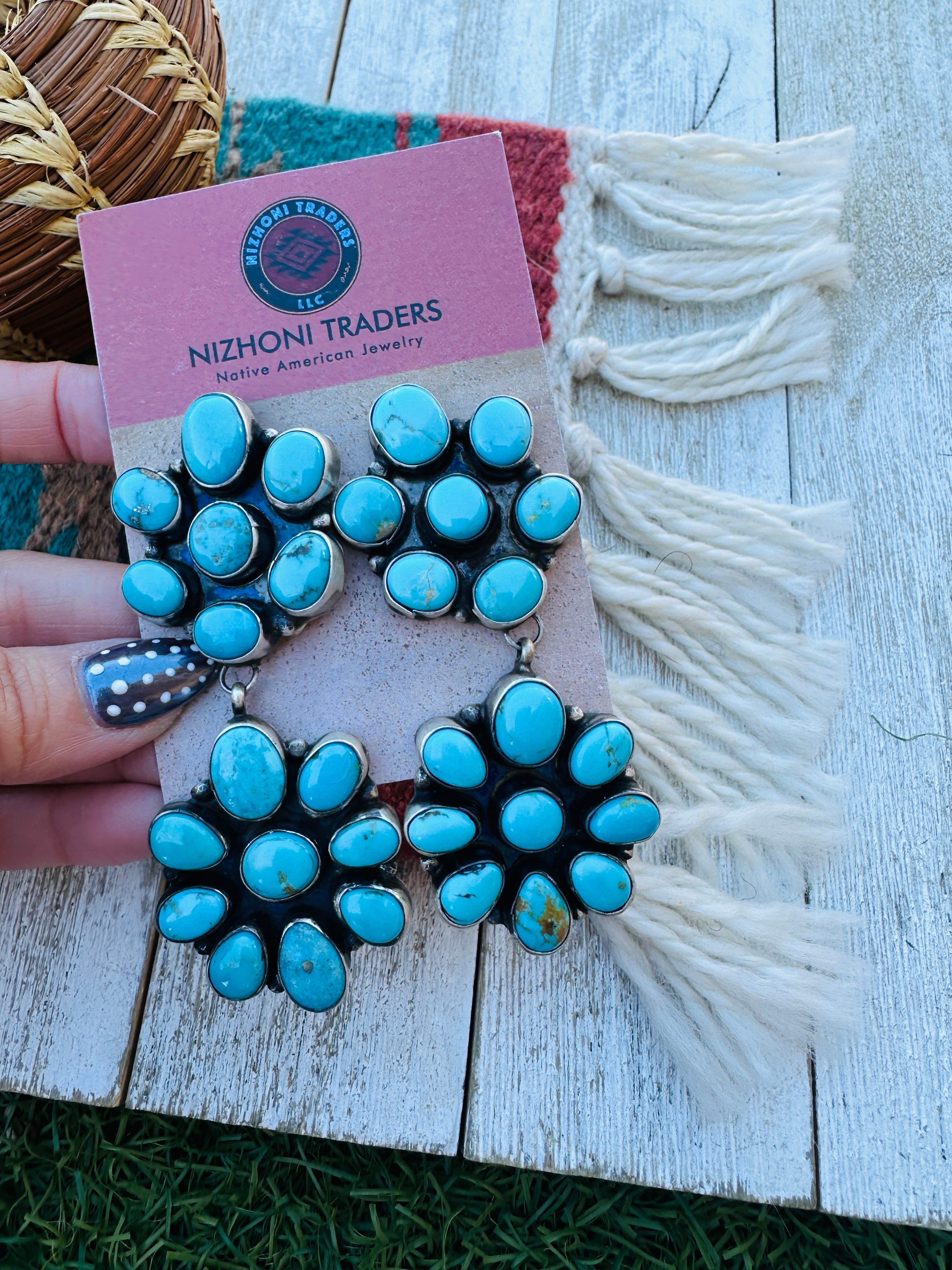 Handcrafted Kingman Turquoise And Sterling Silver Cluster Dangle Earrings by Ella Peter