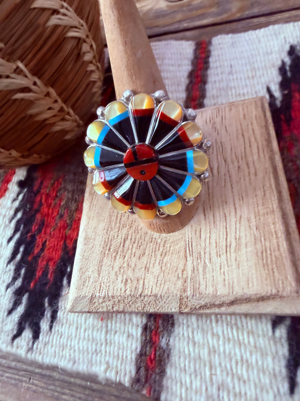 Handcrafted Multi Stone & Sterling Silver Inlay Sun Face Ring Size 8.25