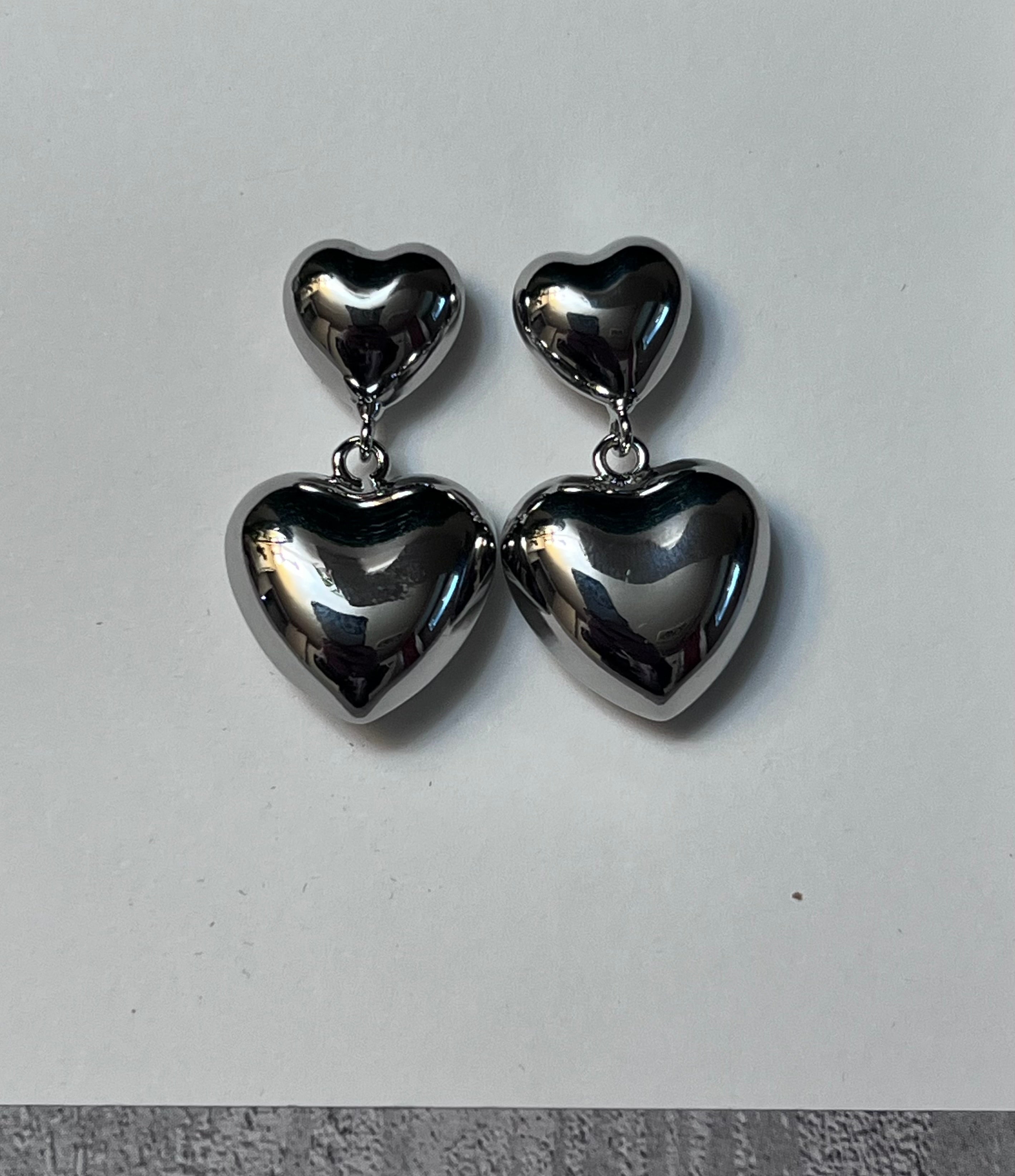 Silver Plated Puffy Heart Dangle Post Earrings