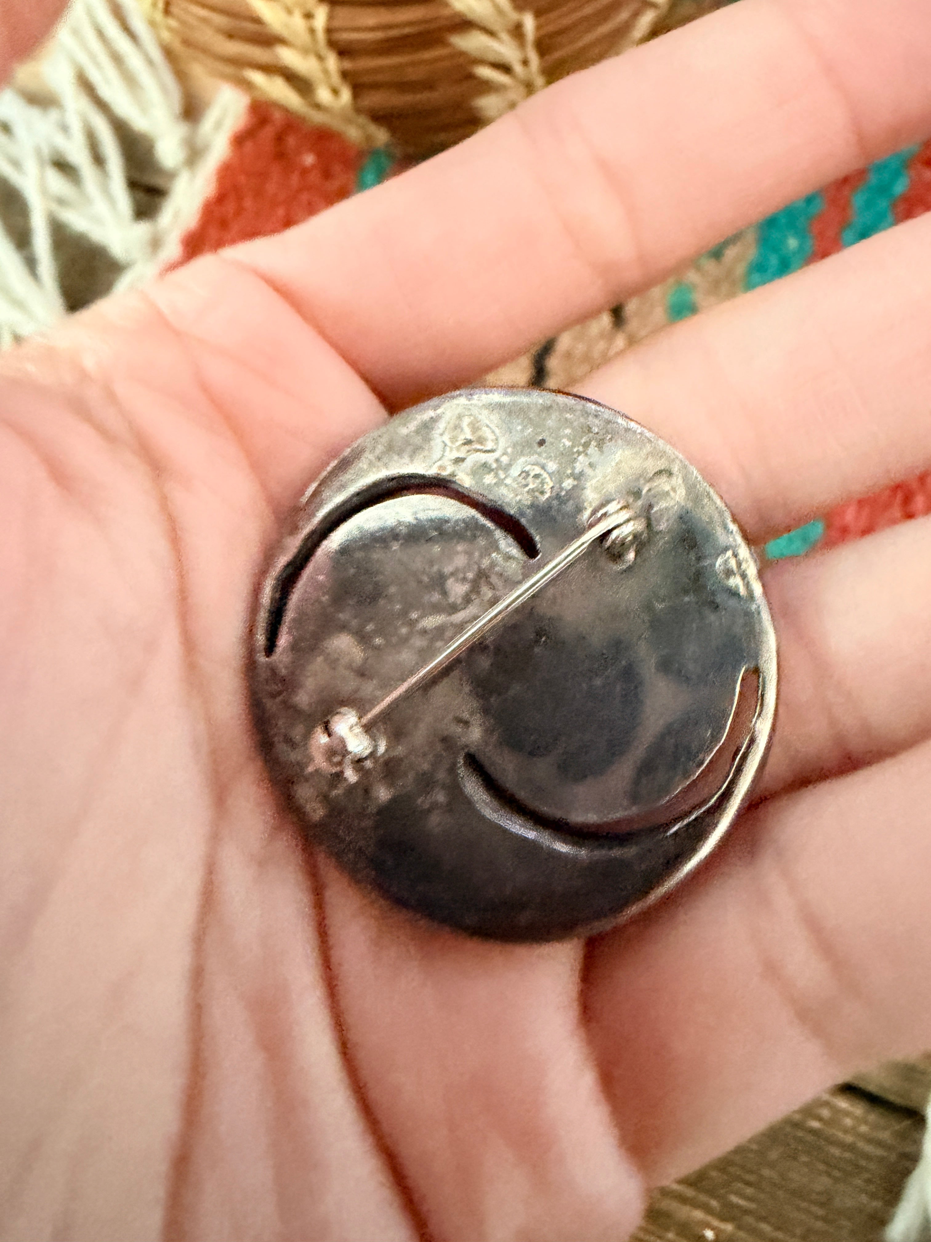 Old Pawn Handcrafted Turquoise and Sterling Silver Inlay Brooch