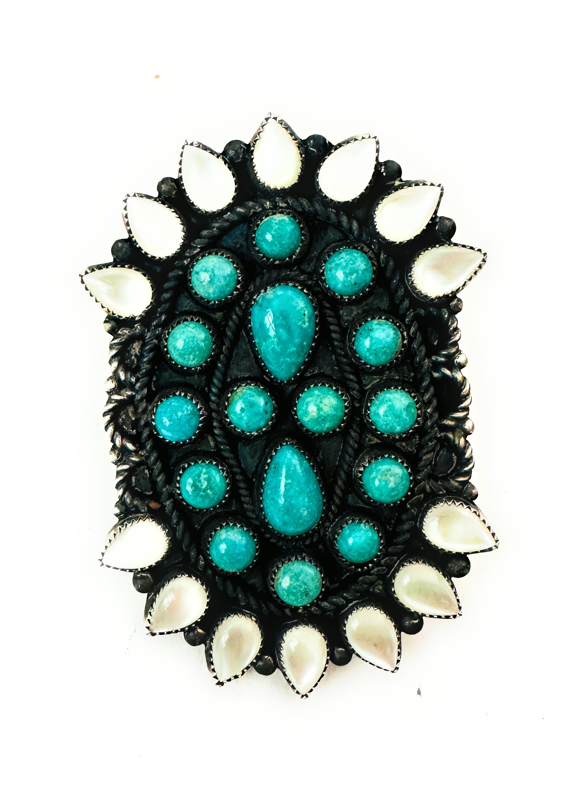 Navajo Sterling Silver, Turquoise & Mother of Pearl Cluster Ring Size 8.5